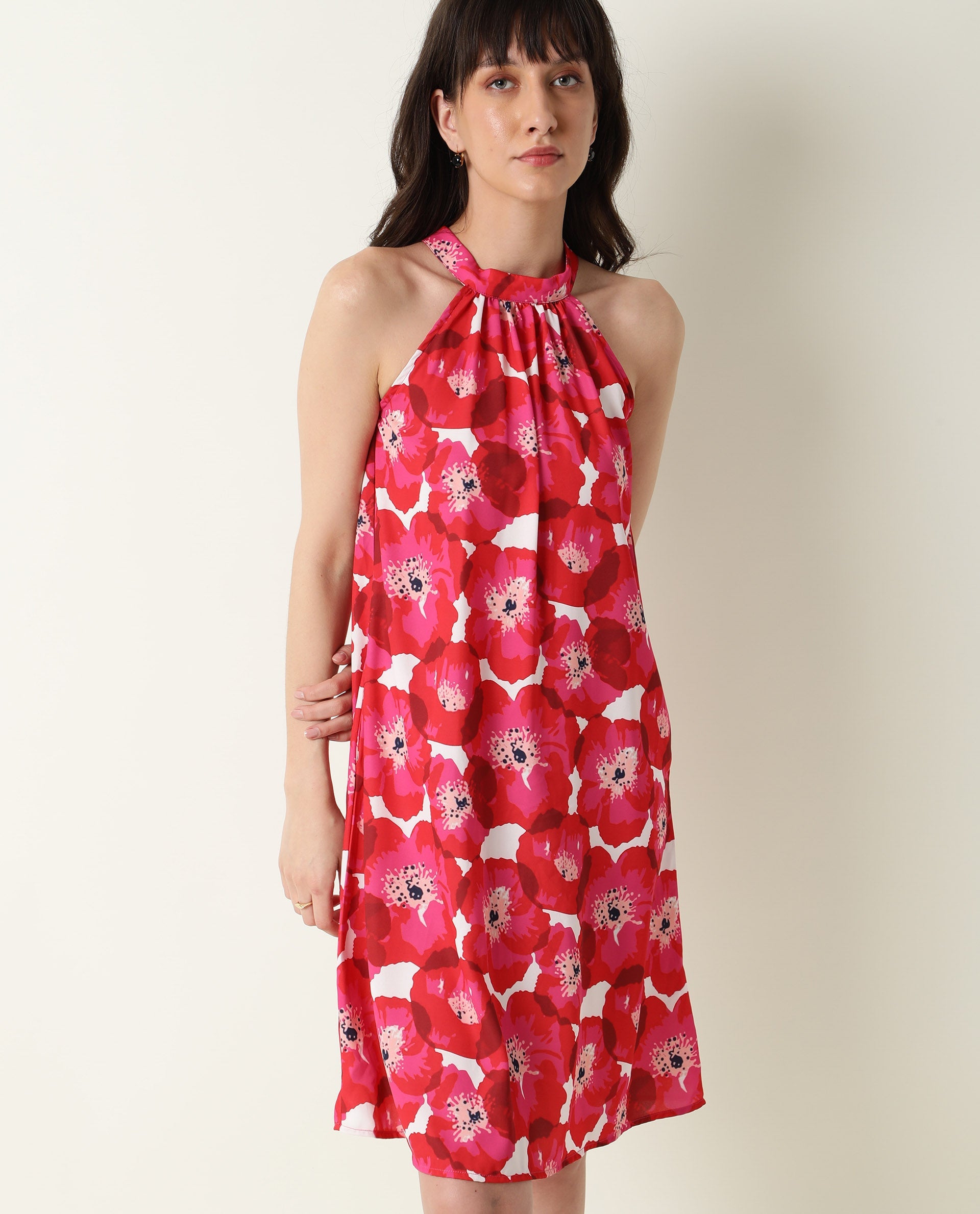 Rareism Women Oasis Red Floral Print Gathered Halter Neck Sleeveless With Pockets Knee Length Dress