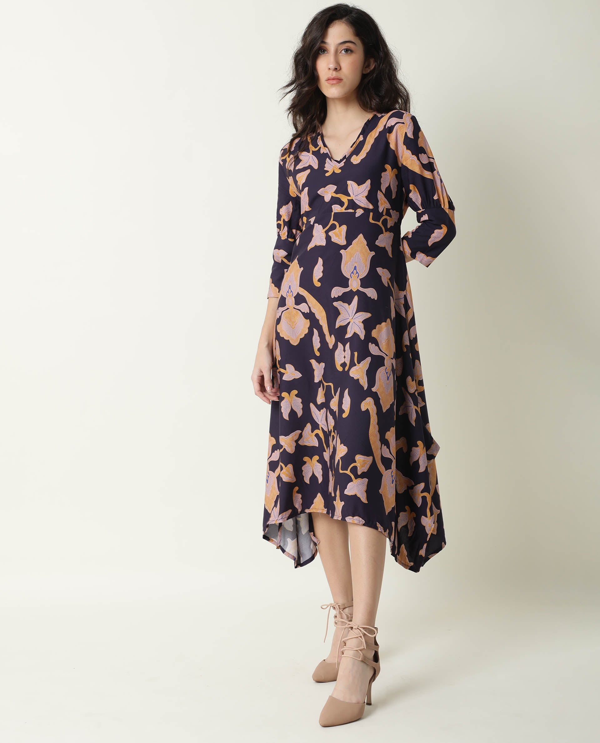Rareism Women Kenna Navy Abstract Print V Neck 3/4 Sleeves Asymmetric Knee Length Dress