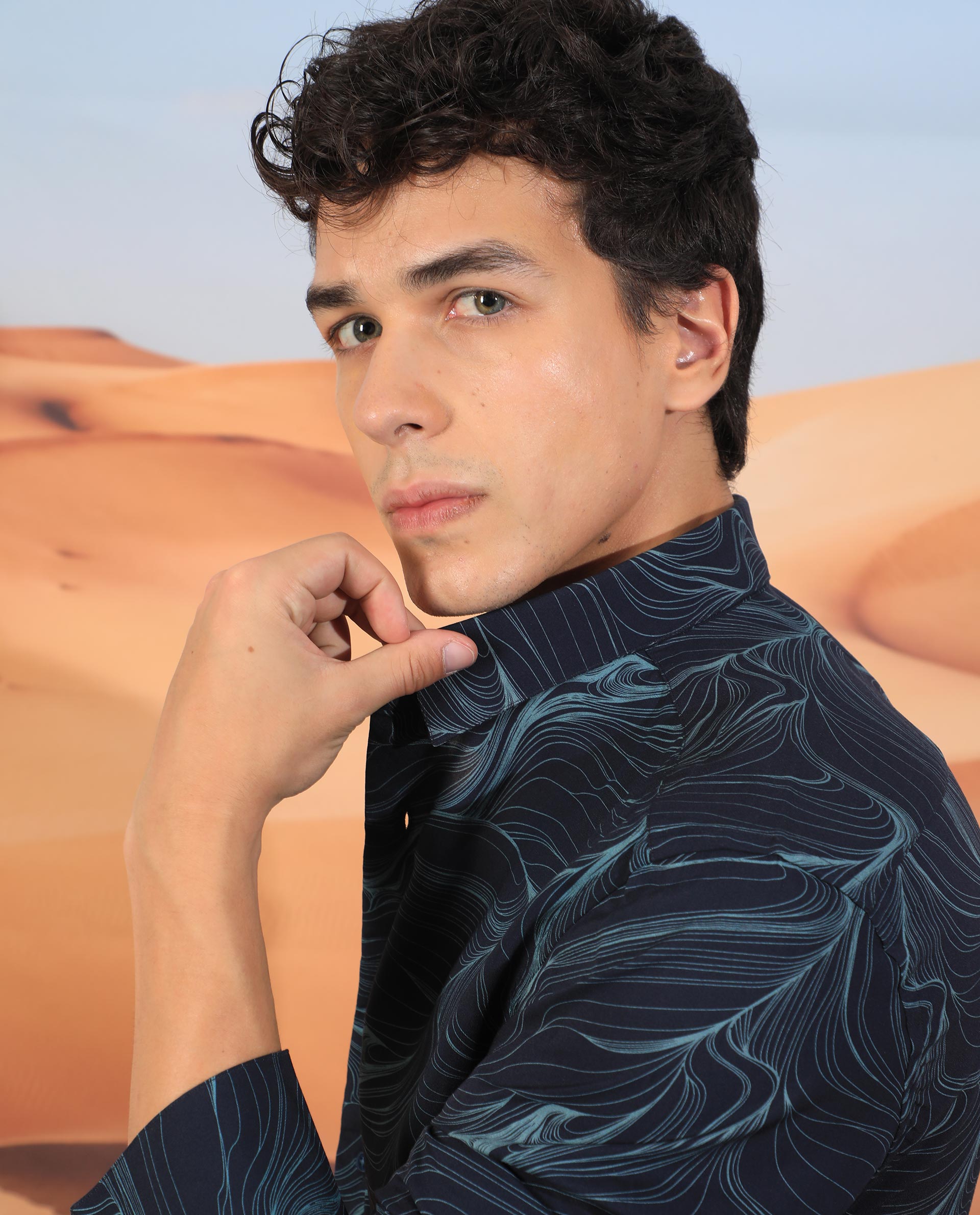 Rare Rabbit Men's Gravel Navy Viscose Fabric Abstract Print Full Sleeves Shirt