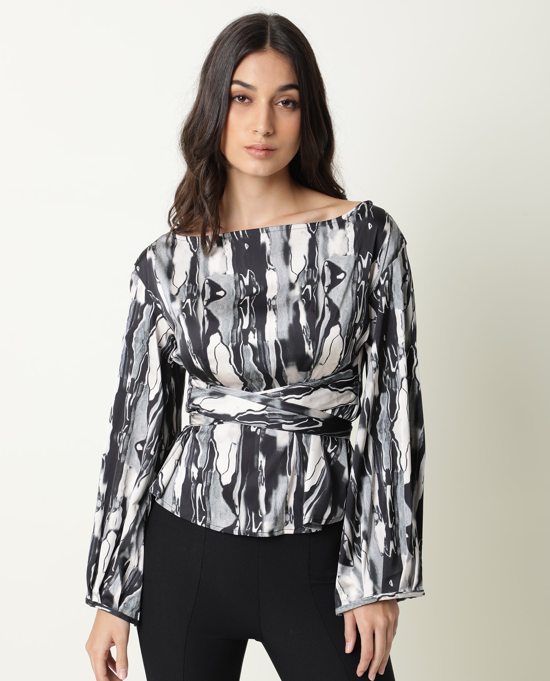 Rareism Womens Germa Black Top Modal Lycra Fabric Regular Fit Puff Sleeves Boat Neck