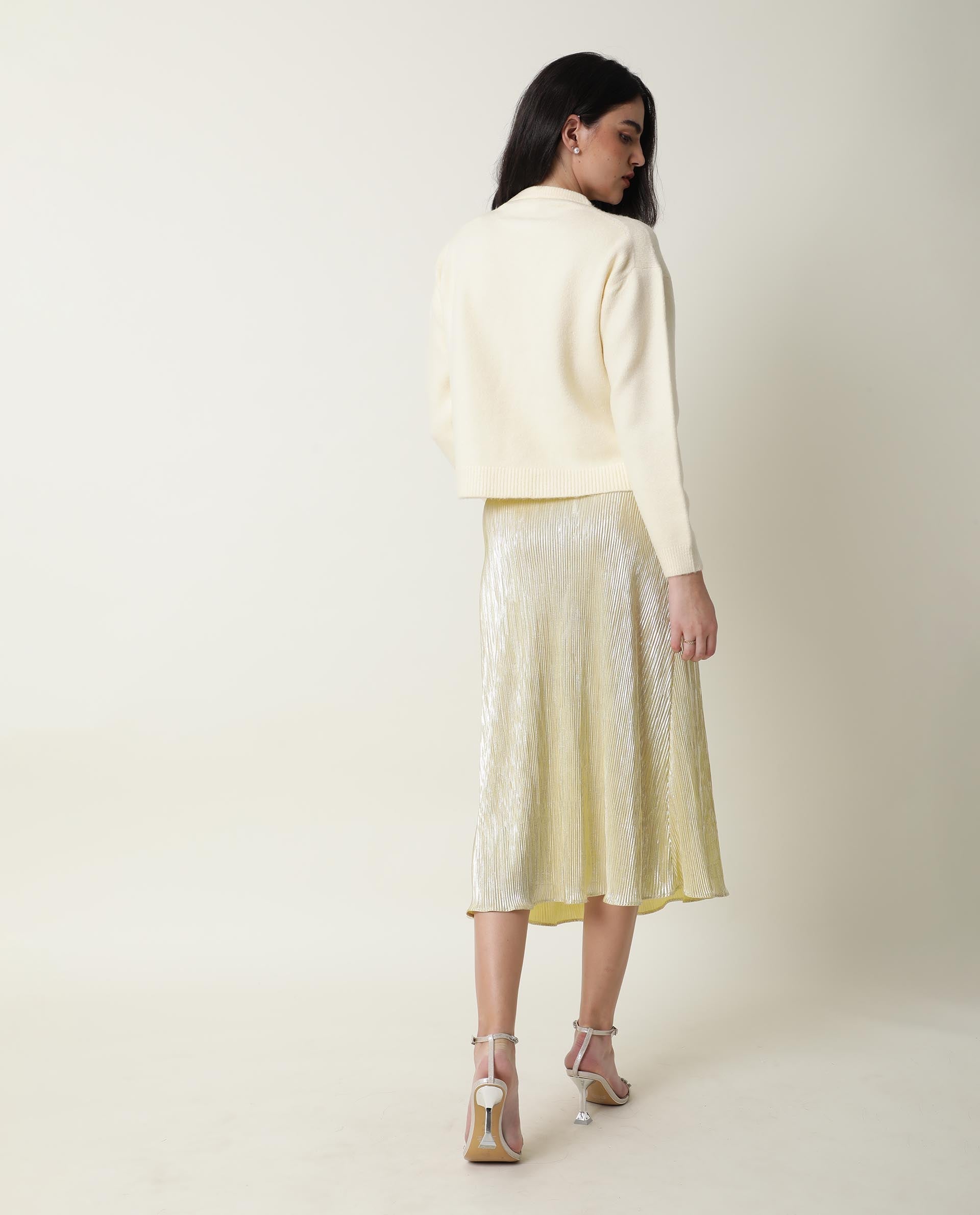 Rareism Women Tulsy Off White Acrylic Fabric Full Sleeves Knee Length Regular Fit Sequined Round Neck Sweater