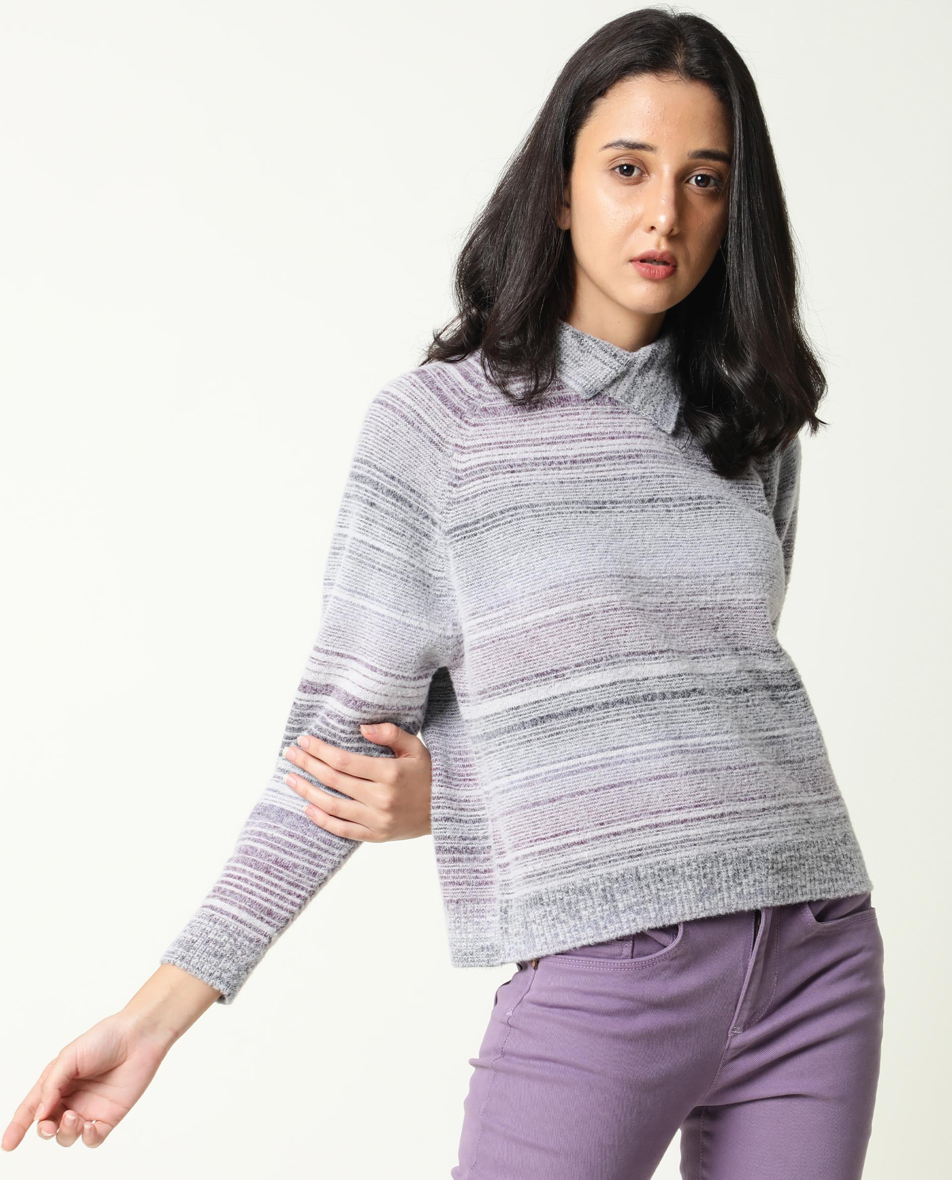Rareism Women Rosalva Melange Grey Nylon Fabric Full Sleeves Knee Length Regular Fit Ombre High Neck Sweater