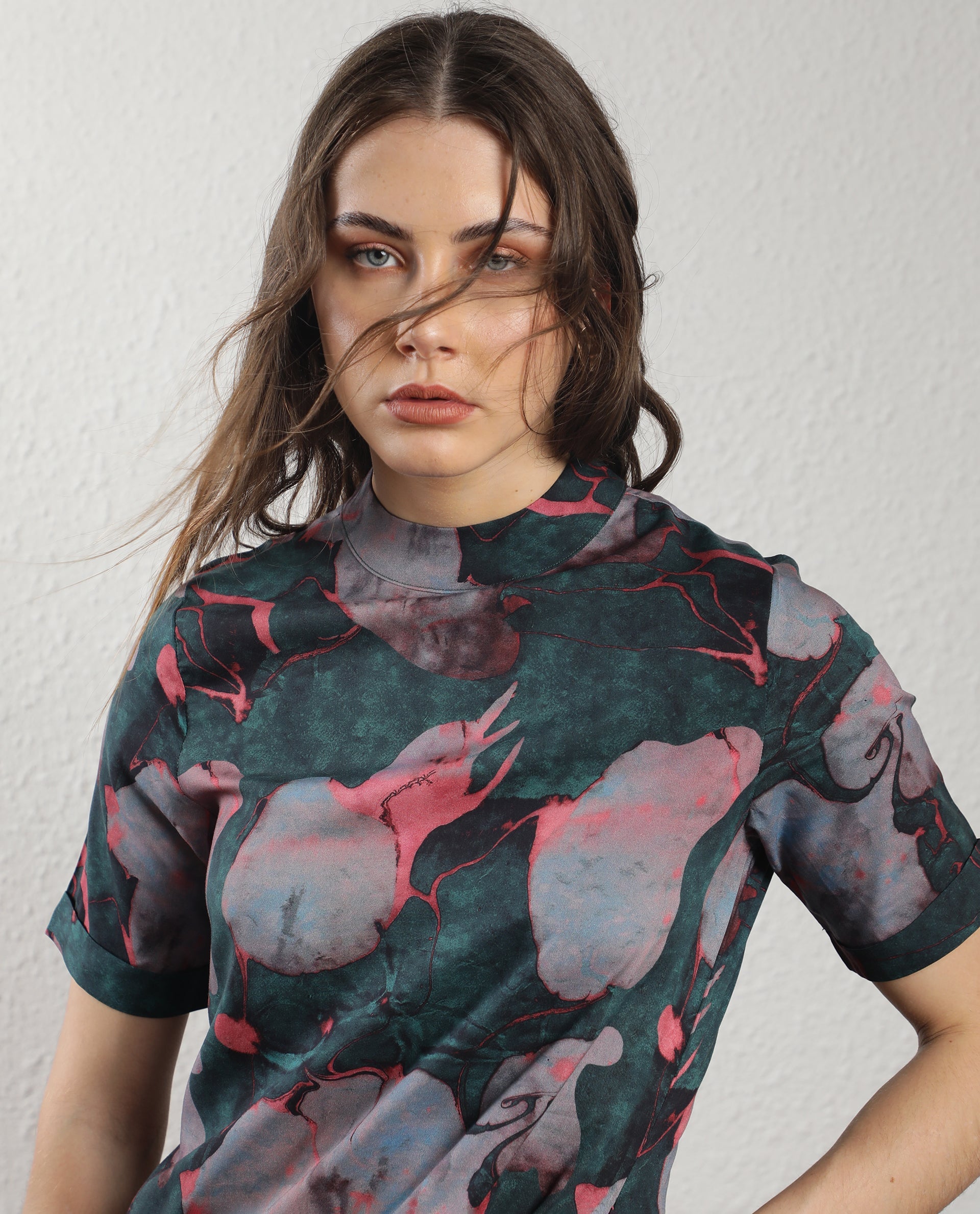 Rareism Women Calantha Multi Viscose Fabric Short Sleeves Zip Closure High Neck Regular Fit Floral Print Knee Length Asymmetric Dress