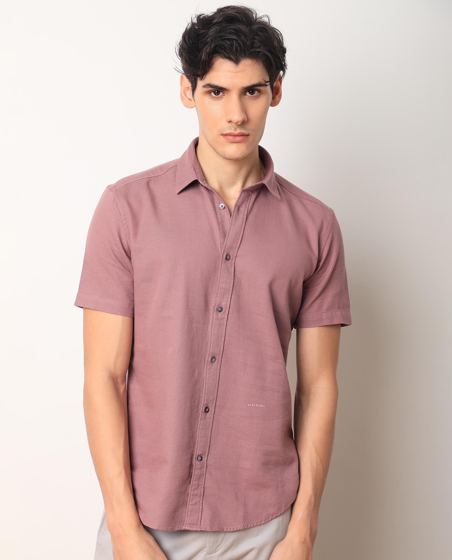 Rare Rabbit Men's Rissa Dusky Pink Cotton Fabric Half Sleeves Solid Dobby Shirt