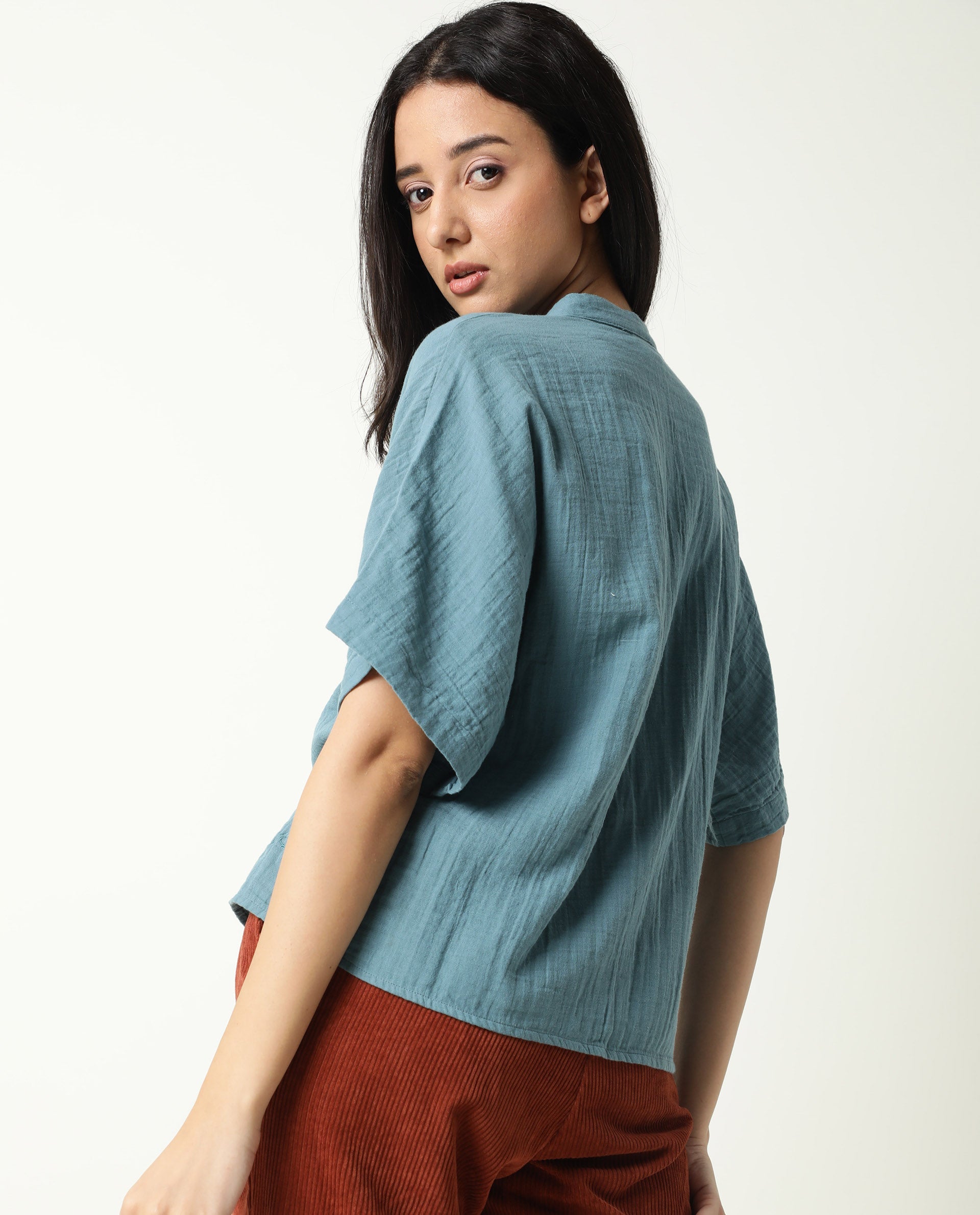 Rareism Womens Imro Green Top Cotton Fabric Regular Fit Regular Sleeves Mandarin Neck