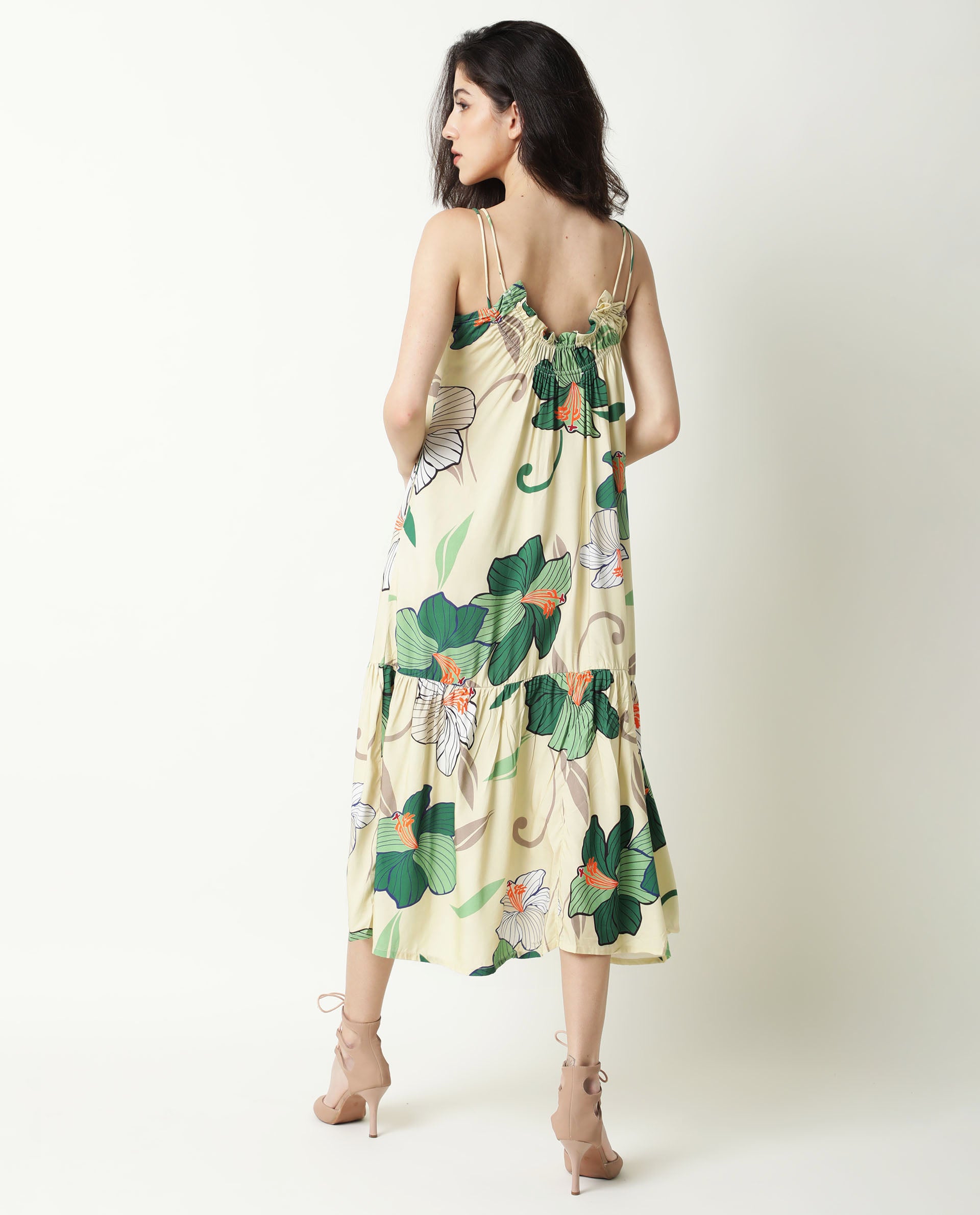 Rareism Women Etana Off White Deep U Neck With Double Spaghetti Straps And Pockets Midi Dress