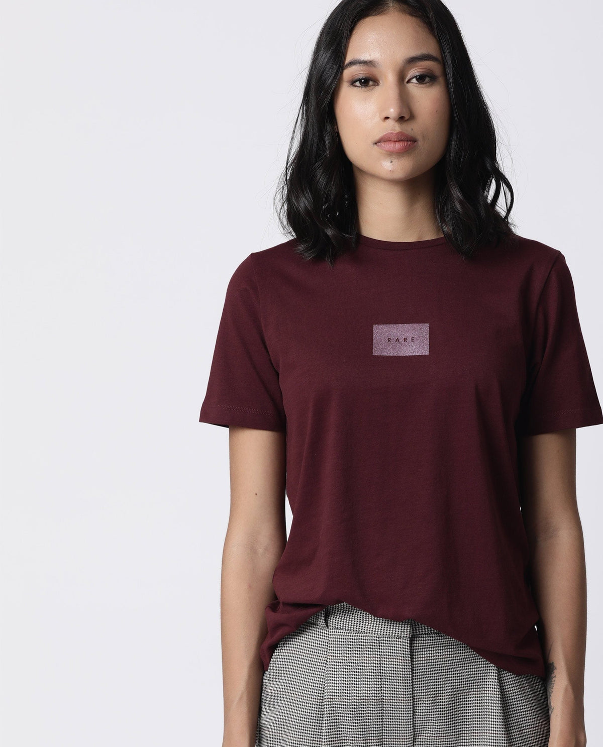 Rareism Womens Luani Maroon T-Shirt Supima Cotton Fabric Slim Fit Round Neck