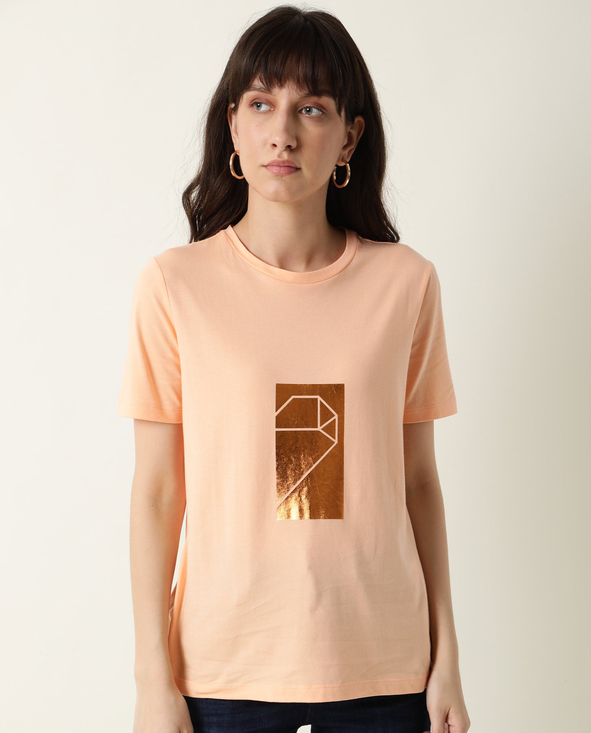 Rareism Women Gulf Light Peach Cotton Fabric Regular Fit Half Sleeves Graphic Print Crew Neck T-Shirt
