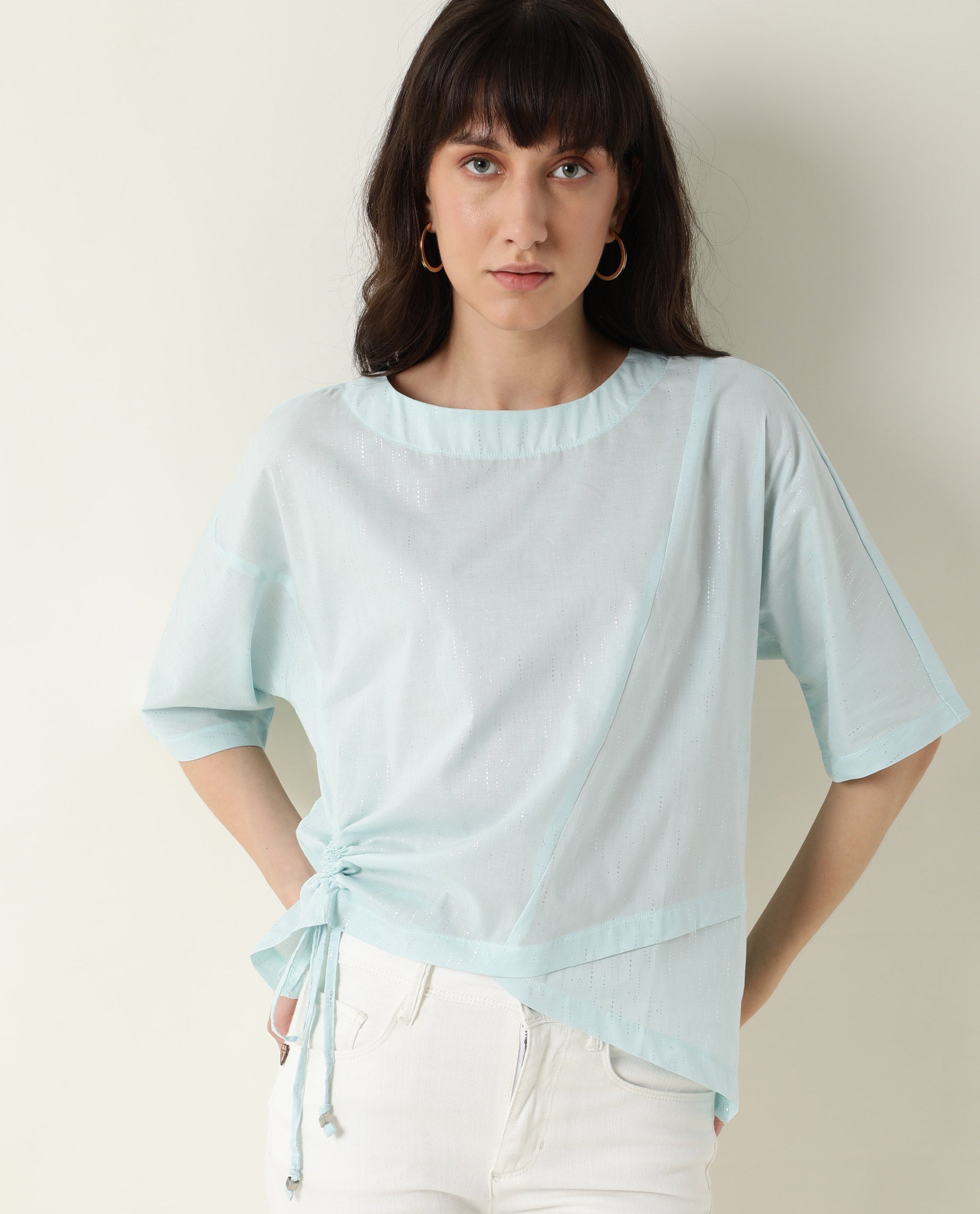 Rareism Women Xerox Light Turq Cotton Fabric Regular Fit Boat Neck Half Sleeves Solid Top