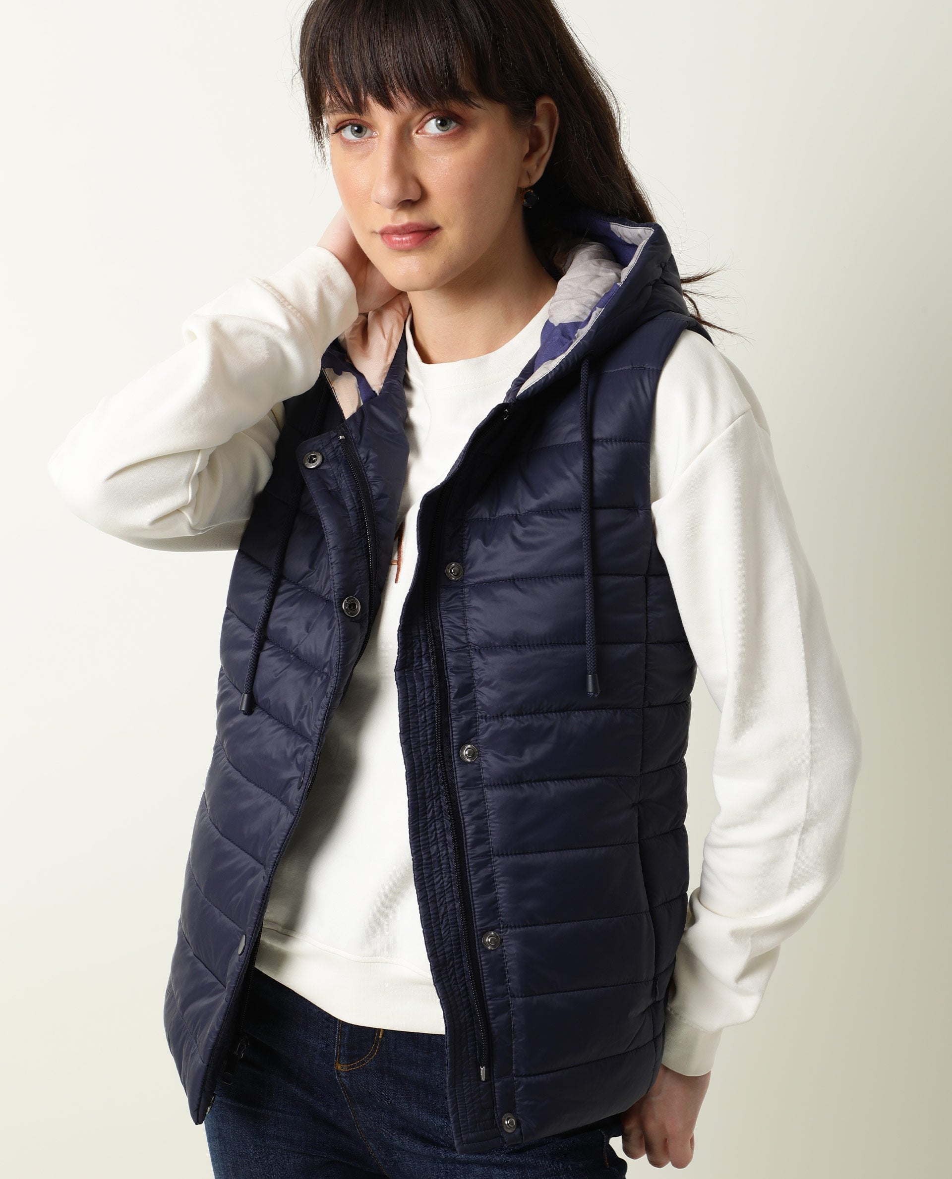 Rareism Women Troop Dark Navy  Sleeveless Solid Hooded Jacket