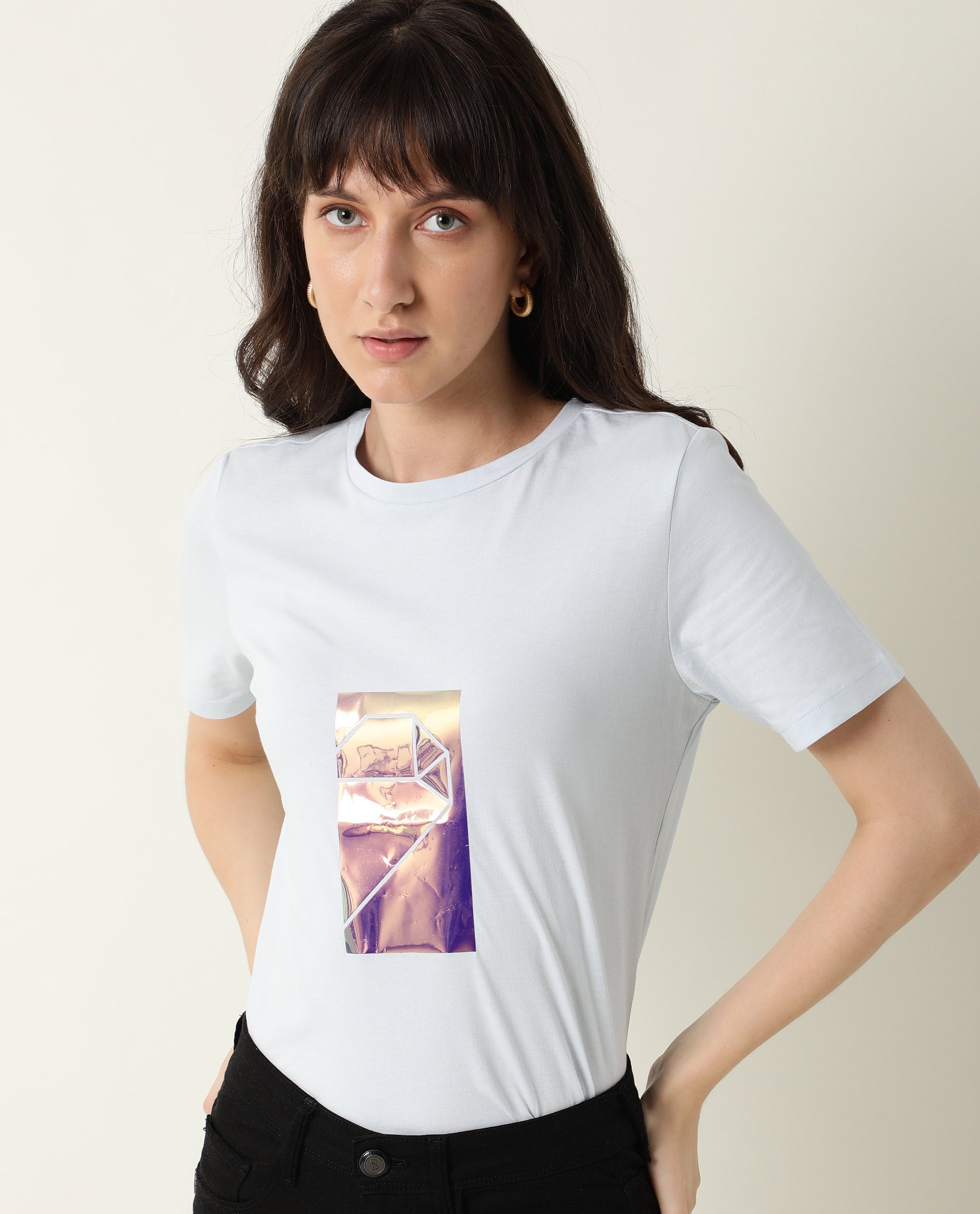 Rareism Women Gulf Pastel Blue Cotton Fabric Regular Fit Half Sleeves Graphic Print Crew Neck T-Shirt