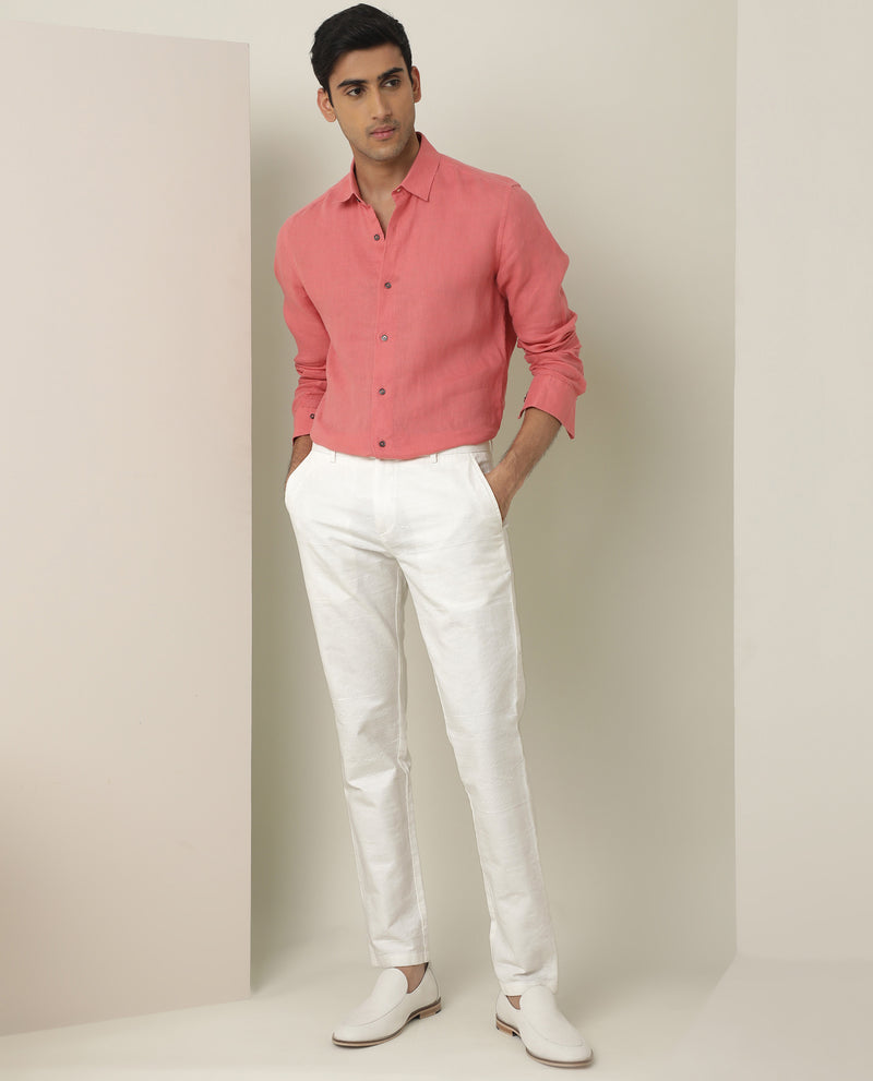 Rare Rabbit Men's Jeck White Mid-Rise Regular Fit Premium Jacquard Trouser