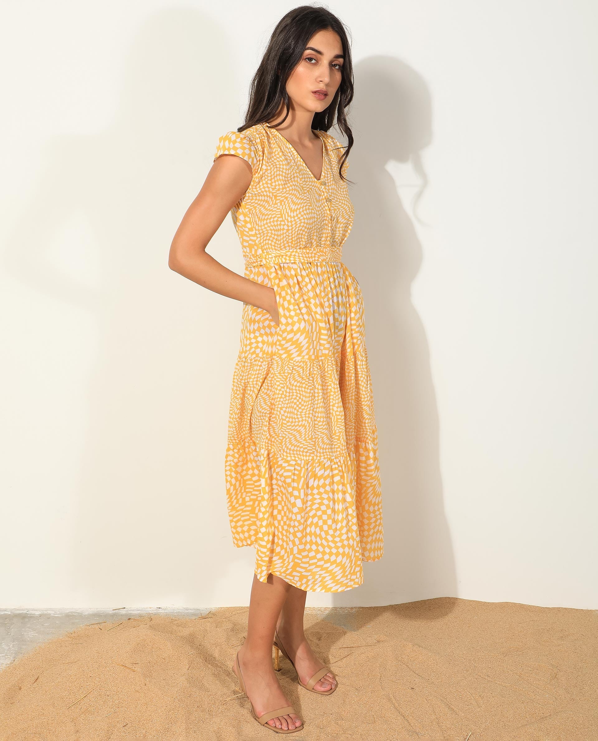 Rareism Women's Whitney Yellow Cotton Fabric V-Neck Button Closure Cape Sleeve Geometric Print  Knee Length Dress