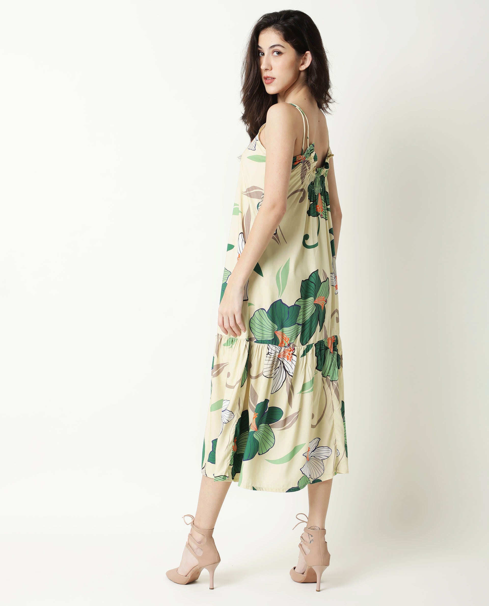 Rareism Women Etana Off White Deep U Neck With Double Spaghetti Straps And Pockets Midi Dress