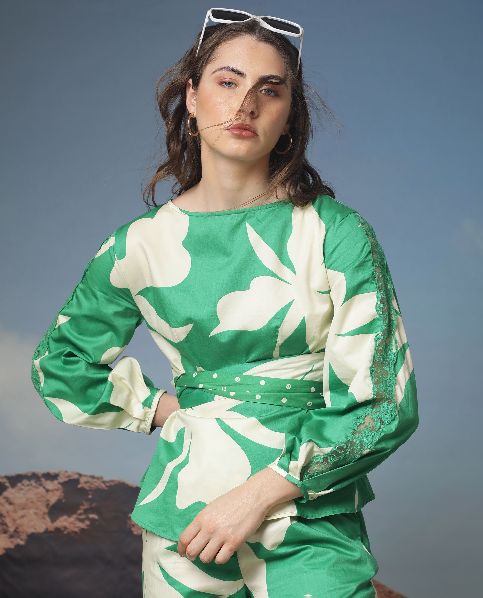 Rareism Women Sloane Green Top Cotton Fabric Full Sleeves Print