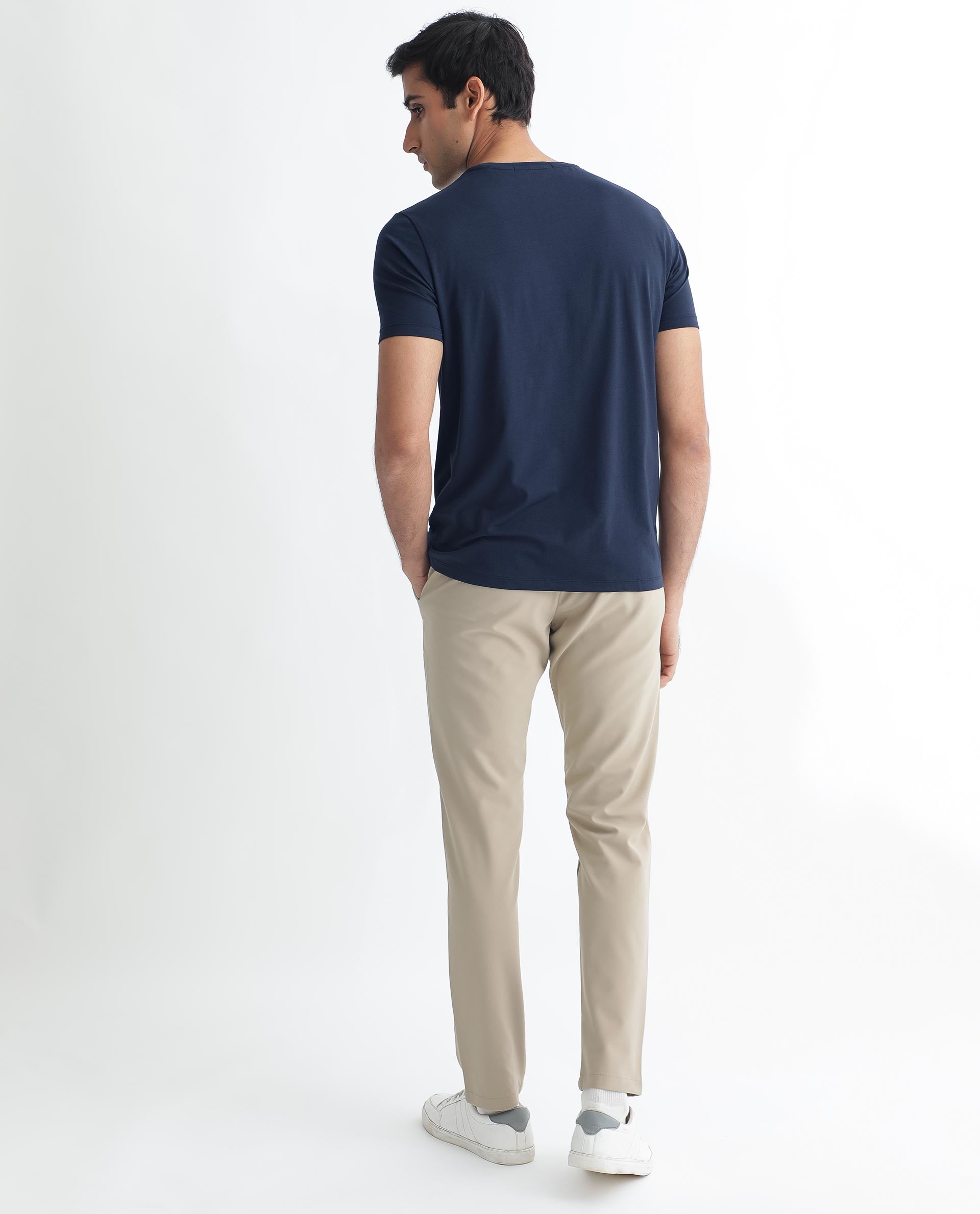 Rare Rabbit Men's Kos Navy Solid Crew Neck Chest Embroidered Label Branding Half Sleeves Regular Fit T-Shirt