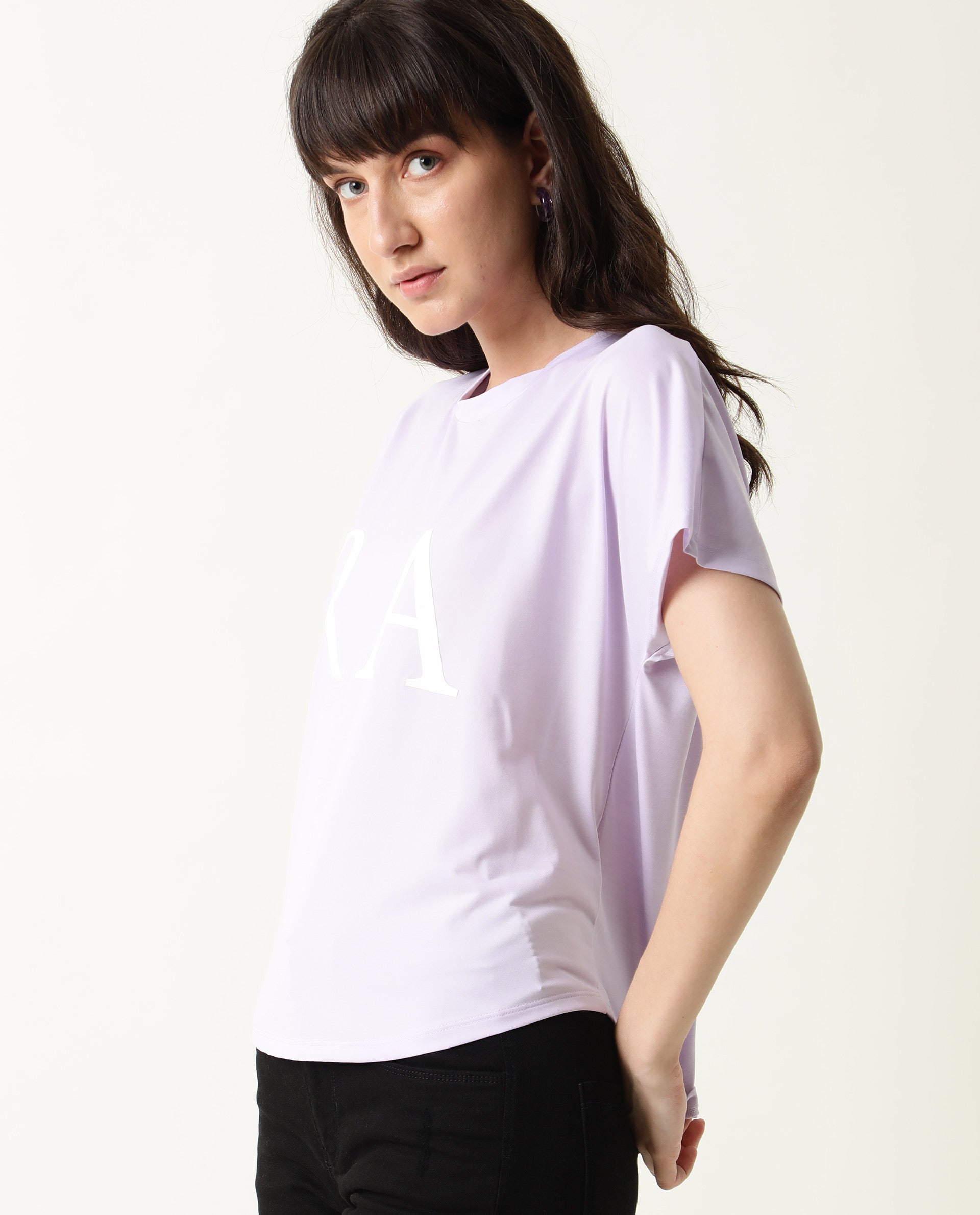 Rareism Women Zeg Light Purple Cotton Fabric Regular Fit Half Sleeves Graphic Print Crew Neck T-Shirt