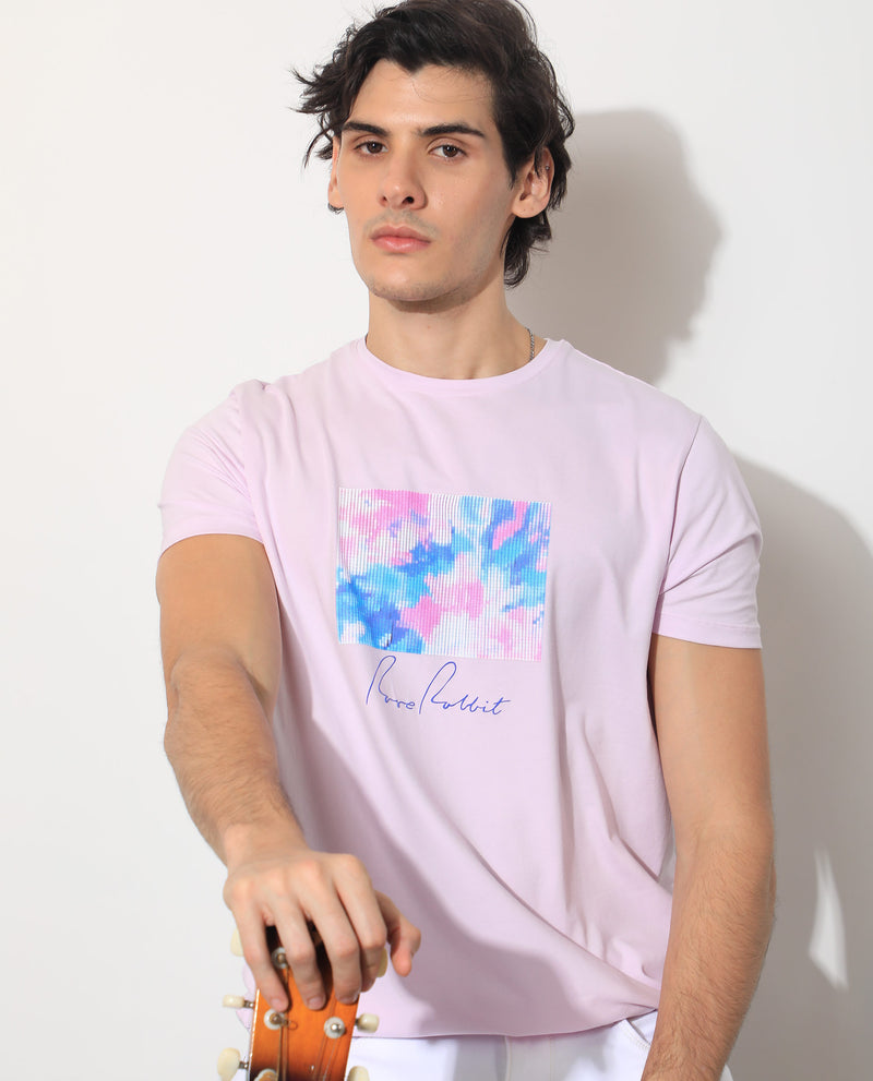 Rare Rabbit Men's Reed Pink Crew Neck Abstract Print With Branding Half Sleeves Slim Fit T-Shirt