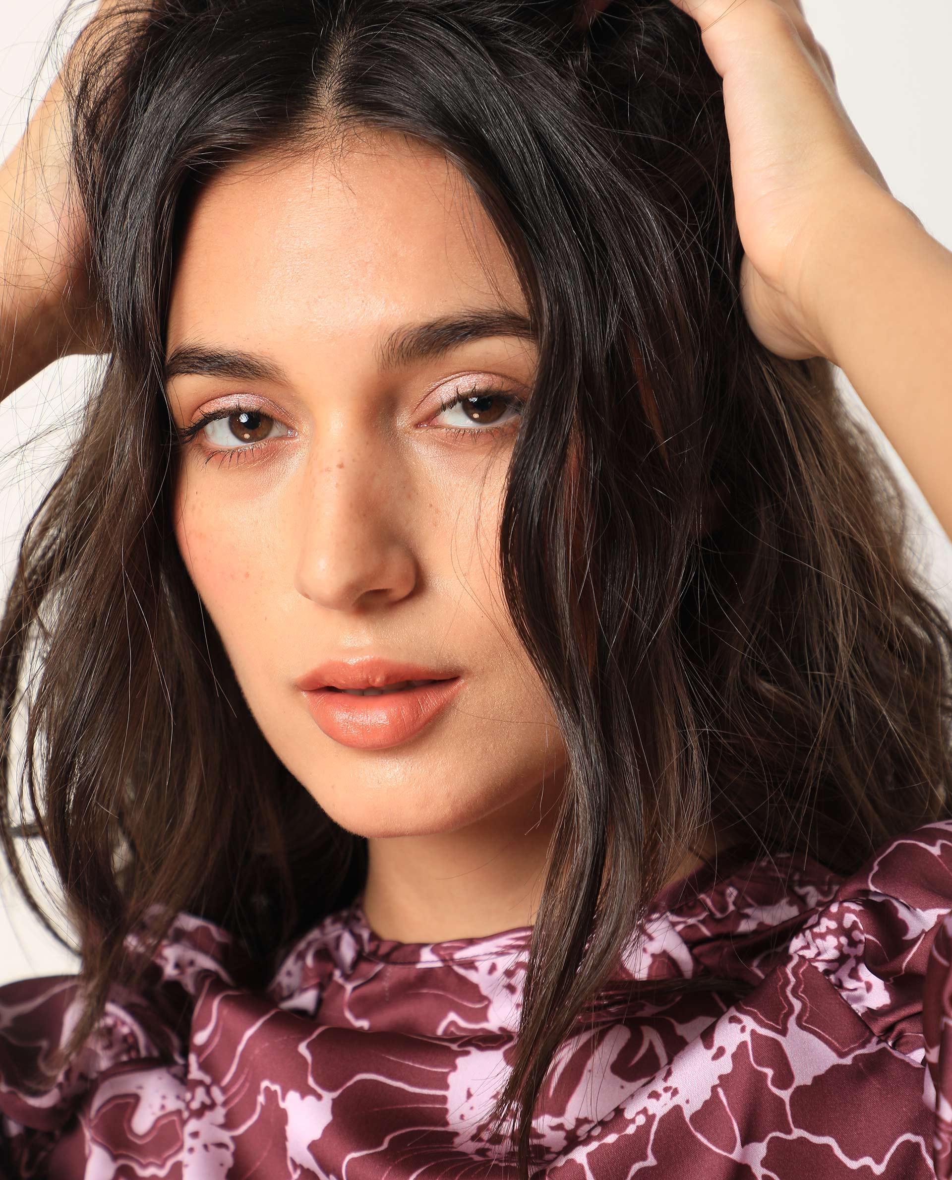 Rareism Women Christie Dark Maroon Polyester Fabric Short Sleeves Zip Closure Round Neck Puff Sleeve Slim Fit Floral Print Short Asymmetric Dress