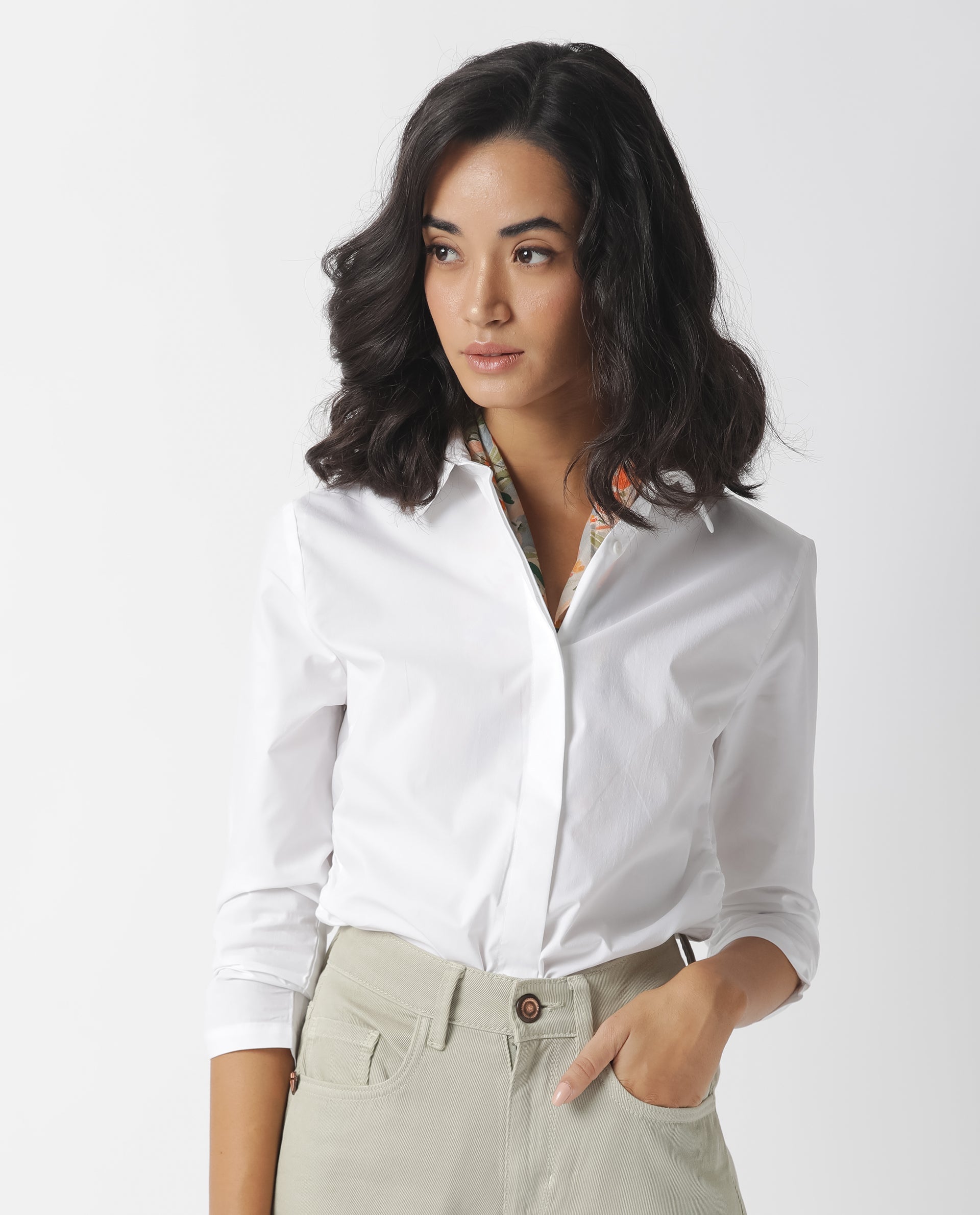 Rareism Women Cuddle White Cotton Lycra Fabric Regular Fit Shirt Collar 3/4Th Sleeves Solid Top