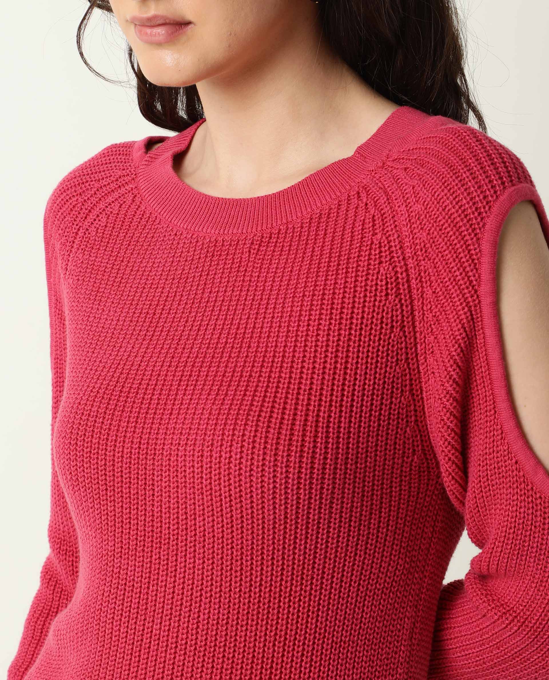 Rareism Women Cold Pink Cotton Fabric Full Sleeves Slim Fit Solid Boat Neck Sweater