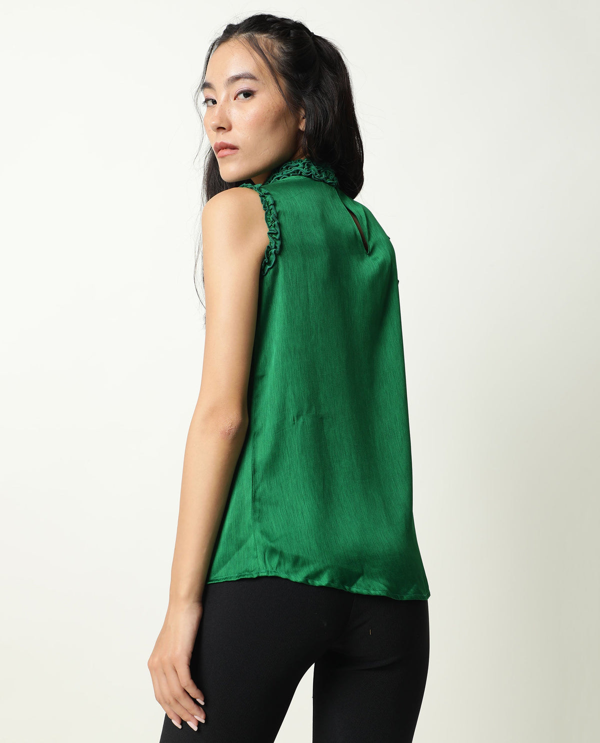 Rareism Womens Baileys Green Top Polyester Fabric  Sleeveless Ruffled Neck