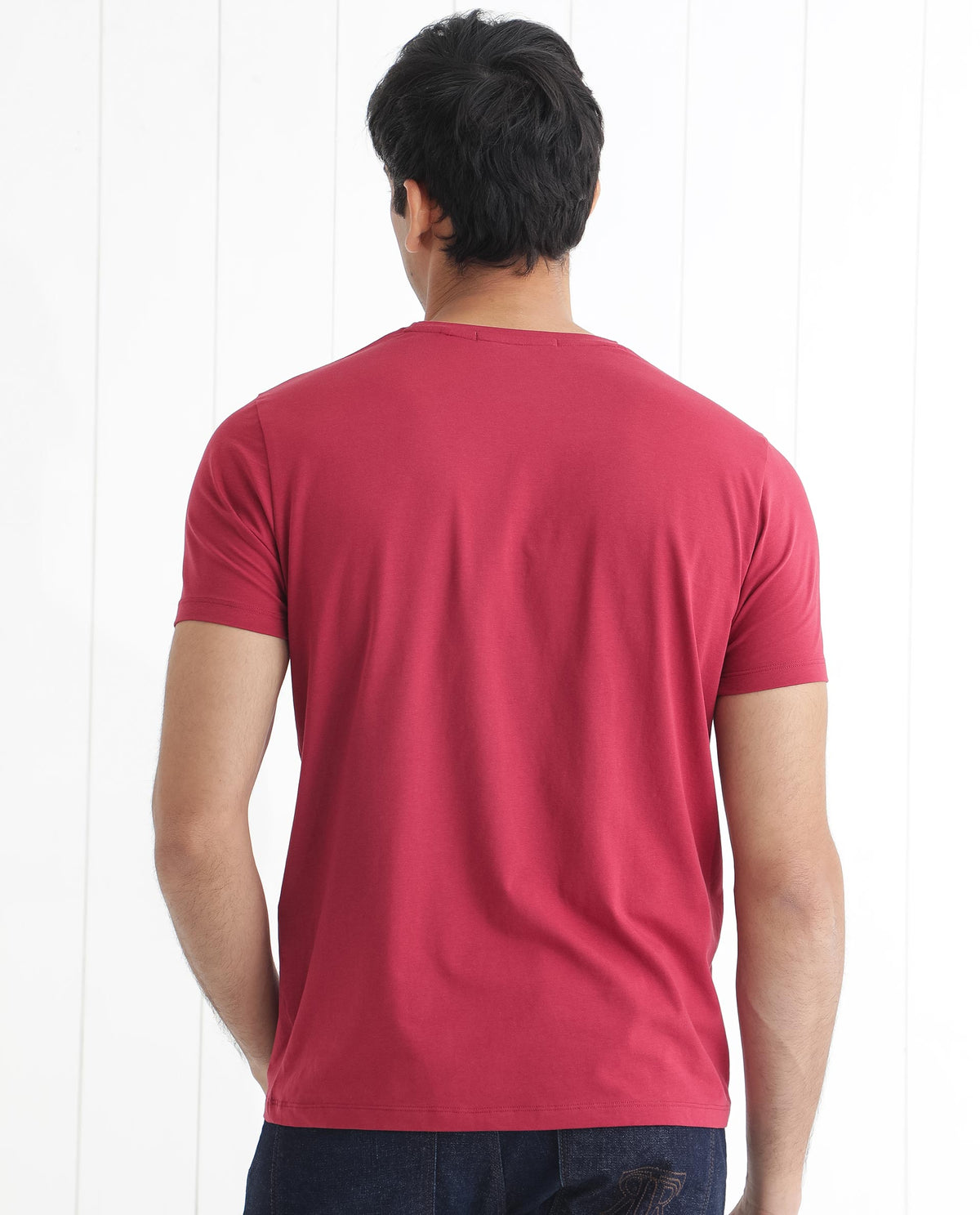 Rare Rabbit Men's Burke Dark Red Crew Neck Half Sleeves Velvet Branding Regular Fit T-Shirt