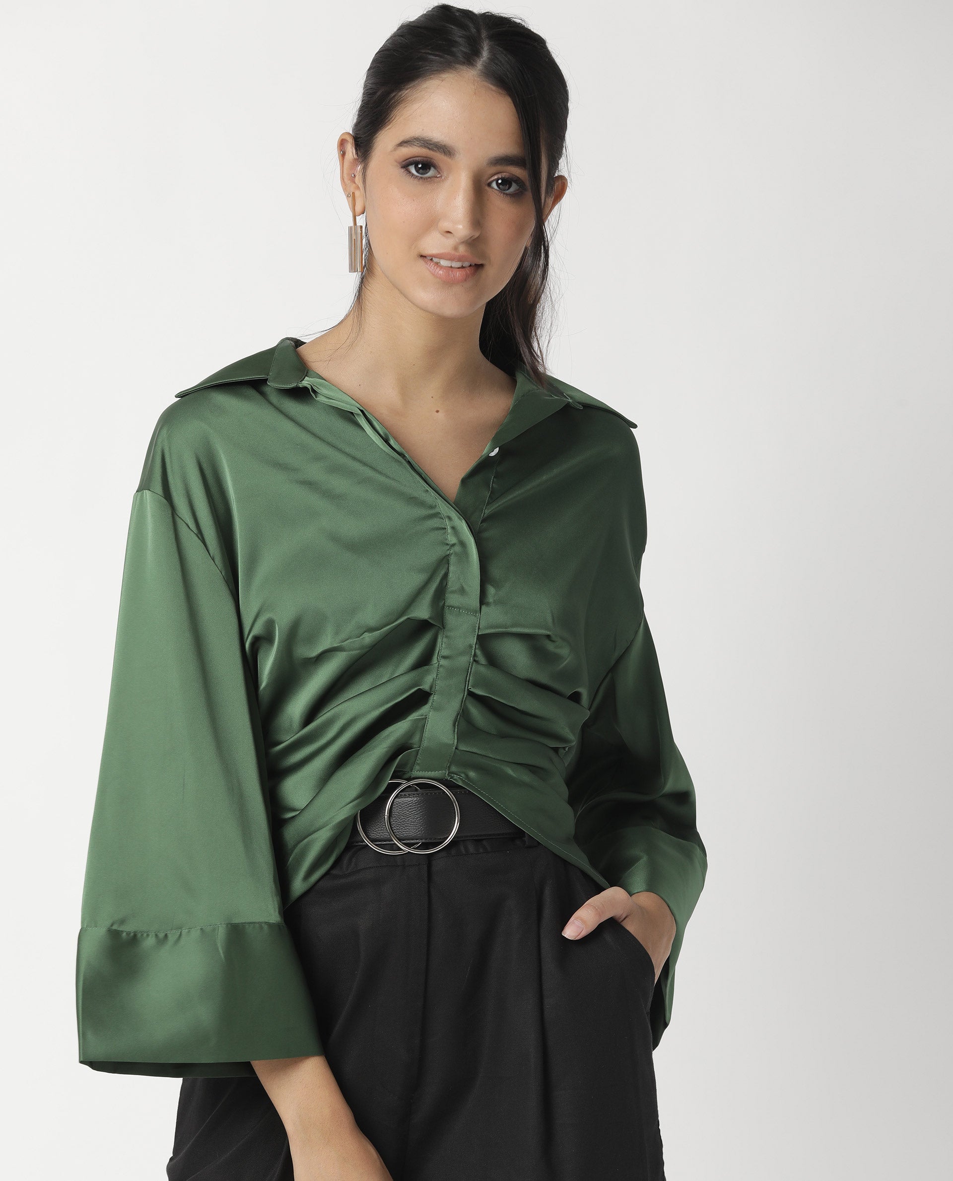 Rareism Womens Zomat Green Top Modal Fabric Regular Fit Bell Sleeves Collared Neck