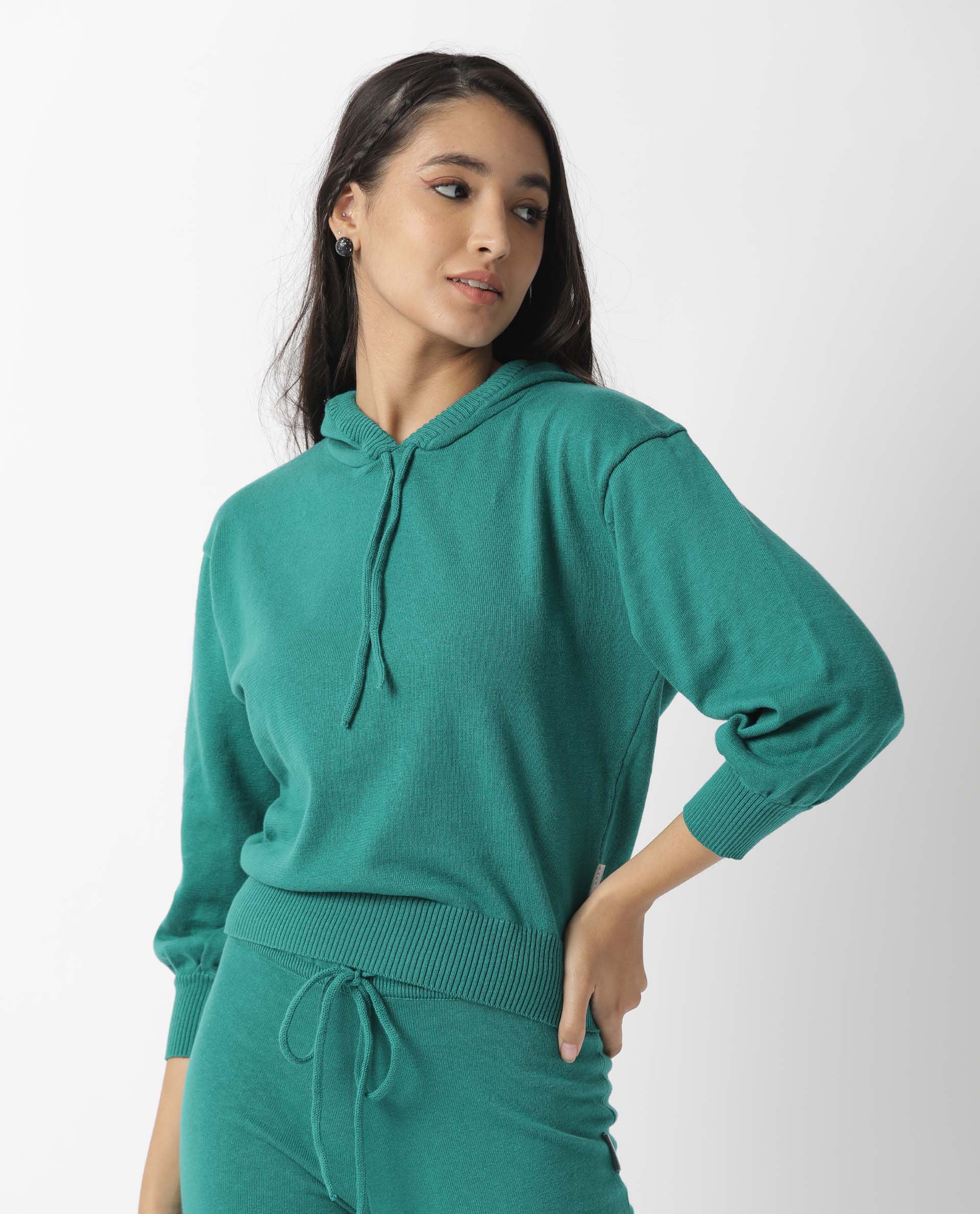 Rareism Women Finn Sweat Green Cotton Fabric Full Sleeves Relaxed Fit Solid Hooded Sweater