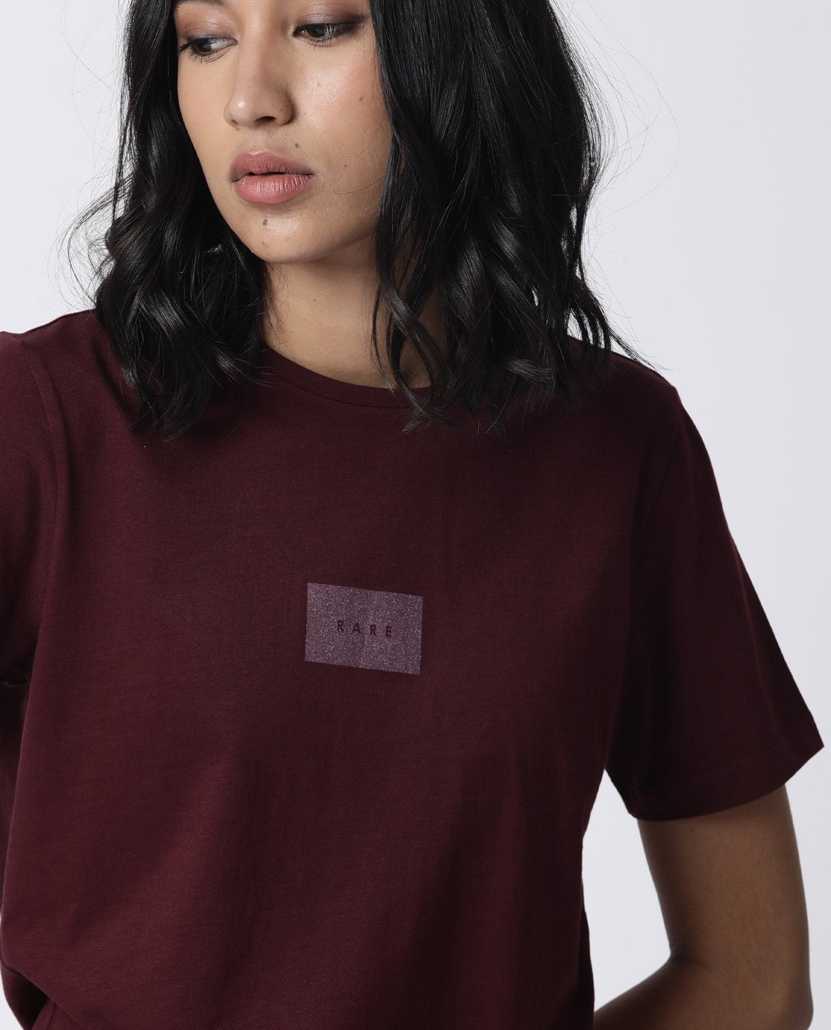 Rareism Womens Luani Maroon T-Shirt Supima Cotton Fabric Slim Fit Round Neck
