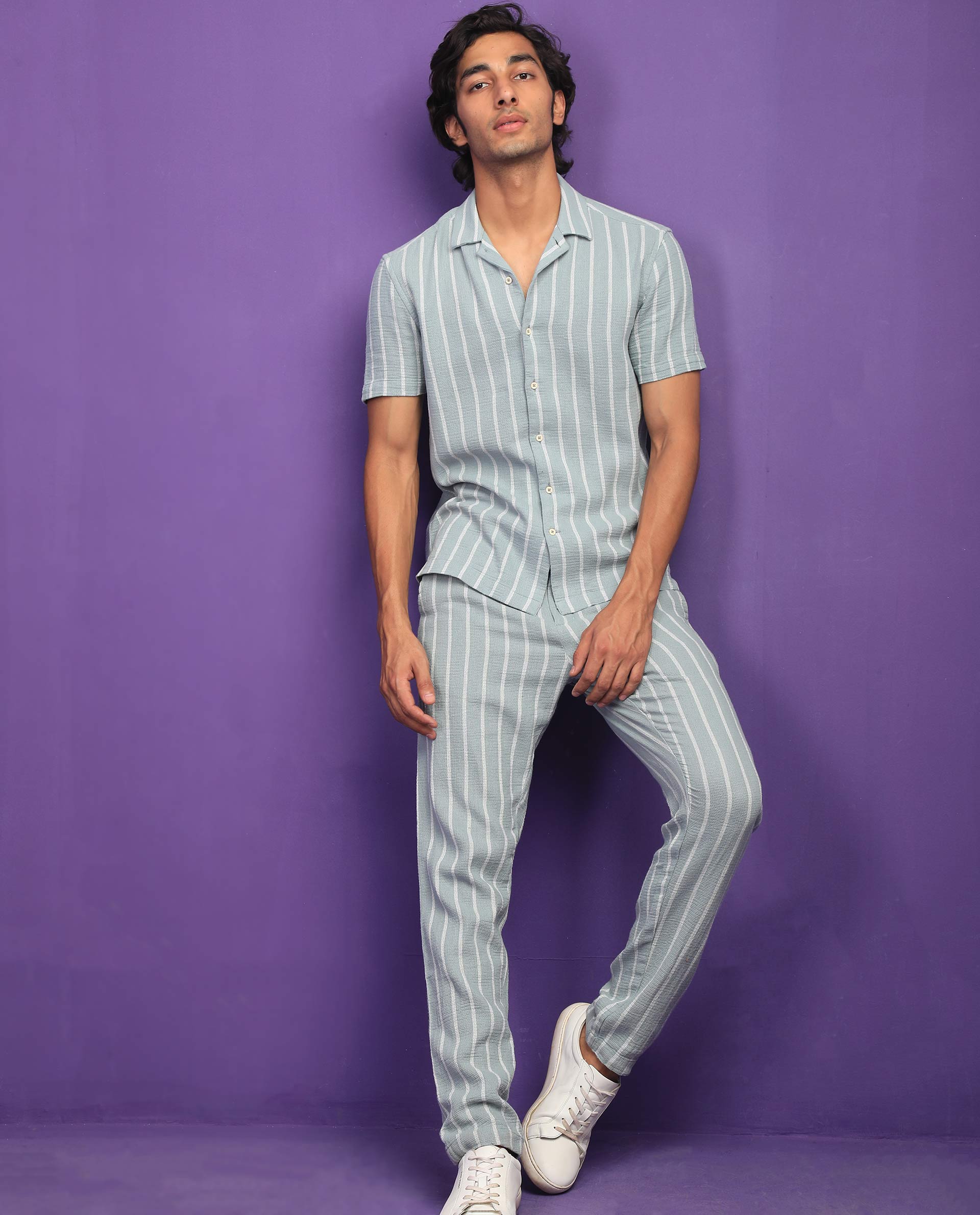 Rare Rabbit Men's Nanos Pastel Green Cotton Fabric Cuban Collar Half Sleeves Loosely Knit Stripe Shirt