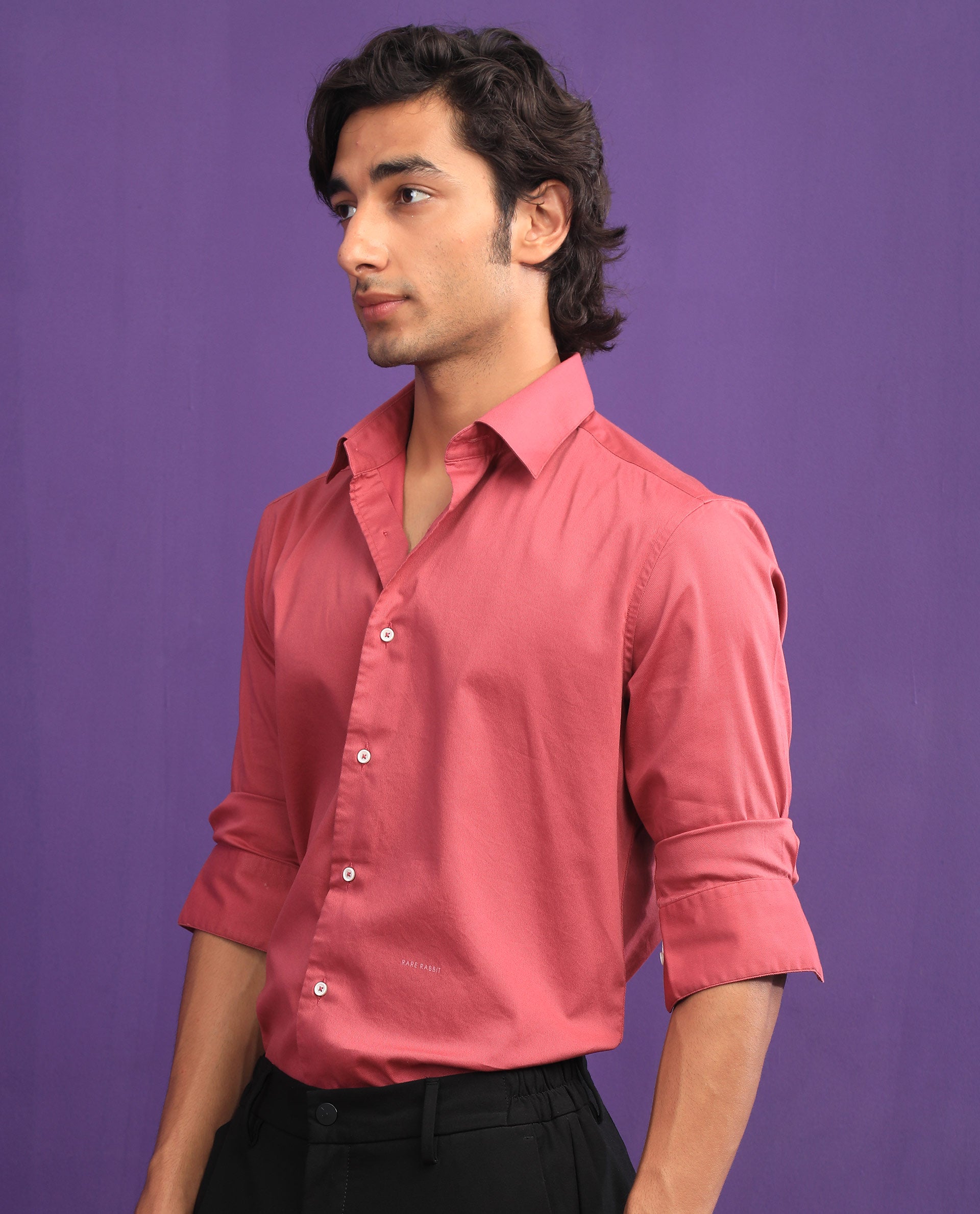 Rare Rabbit Mens Molde Dark Pink Cotton Fabric Full Sleeves Satin Shirt