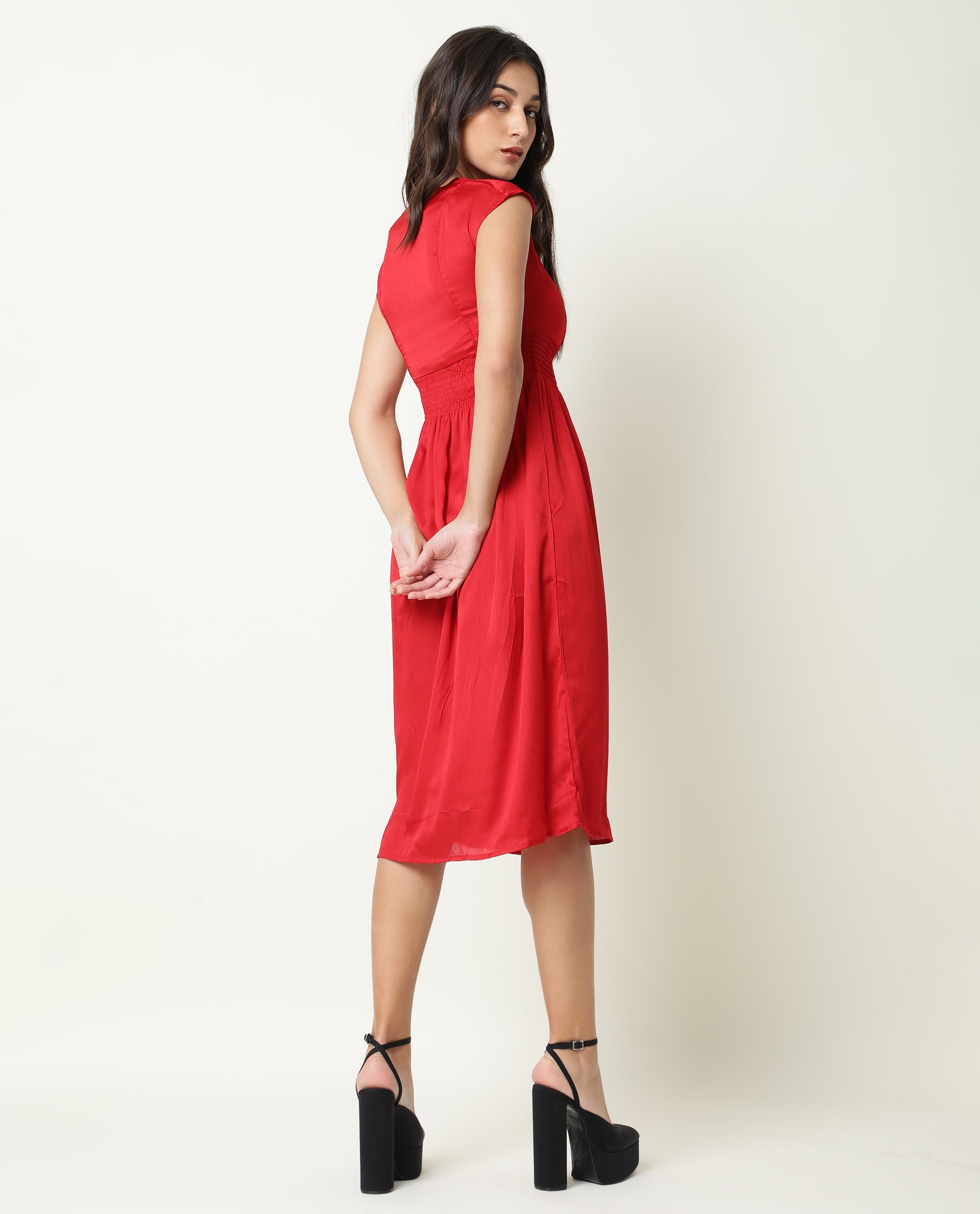 Rareism Women Milux Red V Neck Calf Sleeves Smocking Waist Knee Length Dress