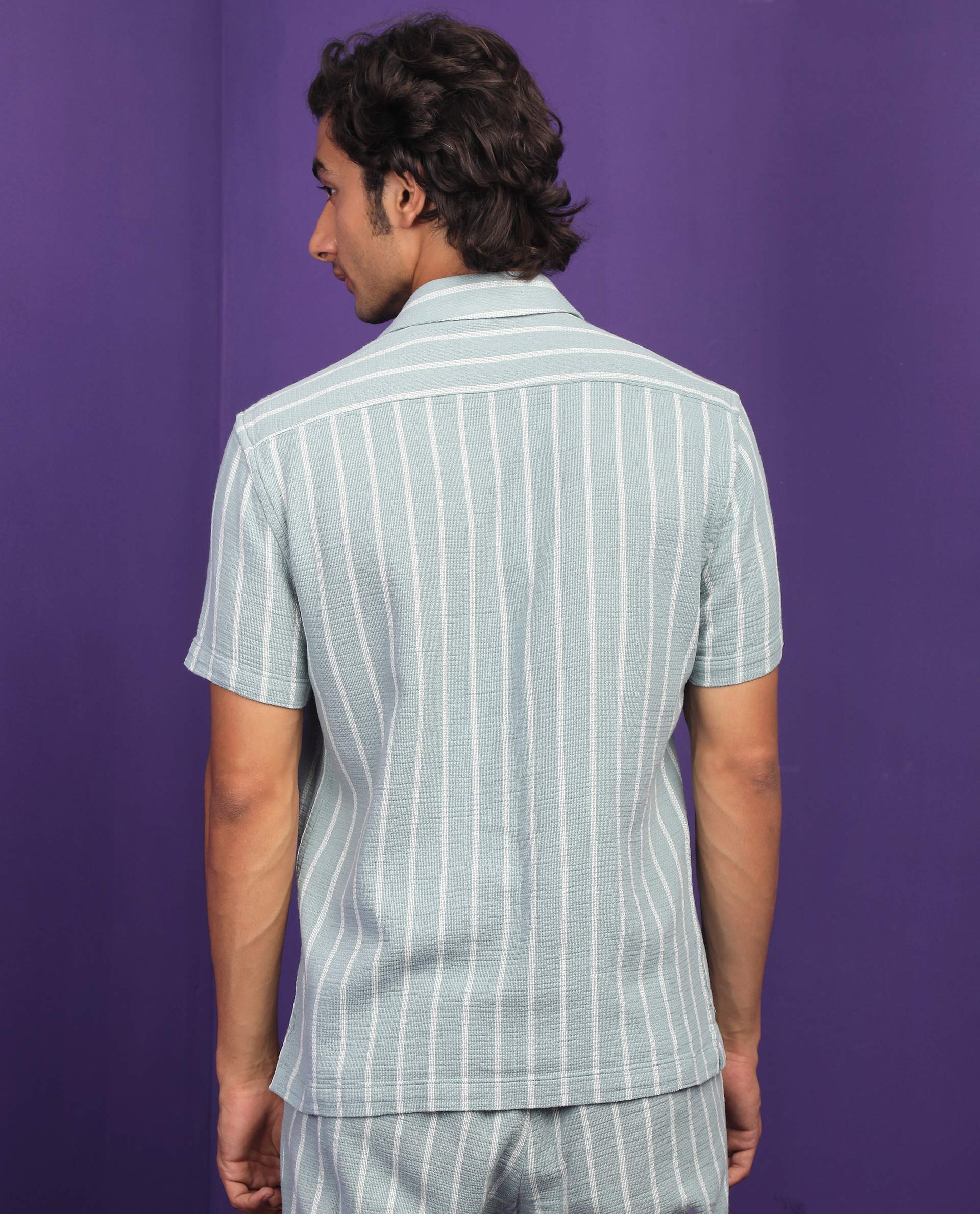 Rare Rabbit Men's Nanos Pastel Green Cotton Fabric Cuban Collar Half Sleeves Loosely Knit Stripe Shirt