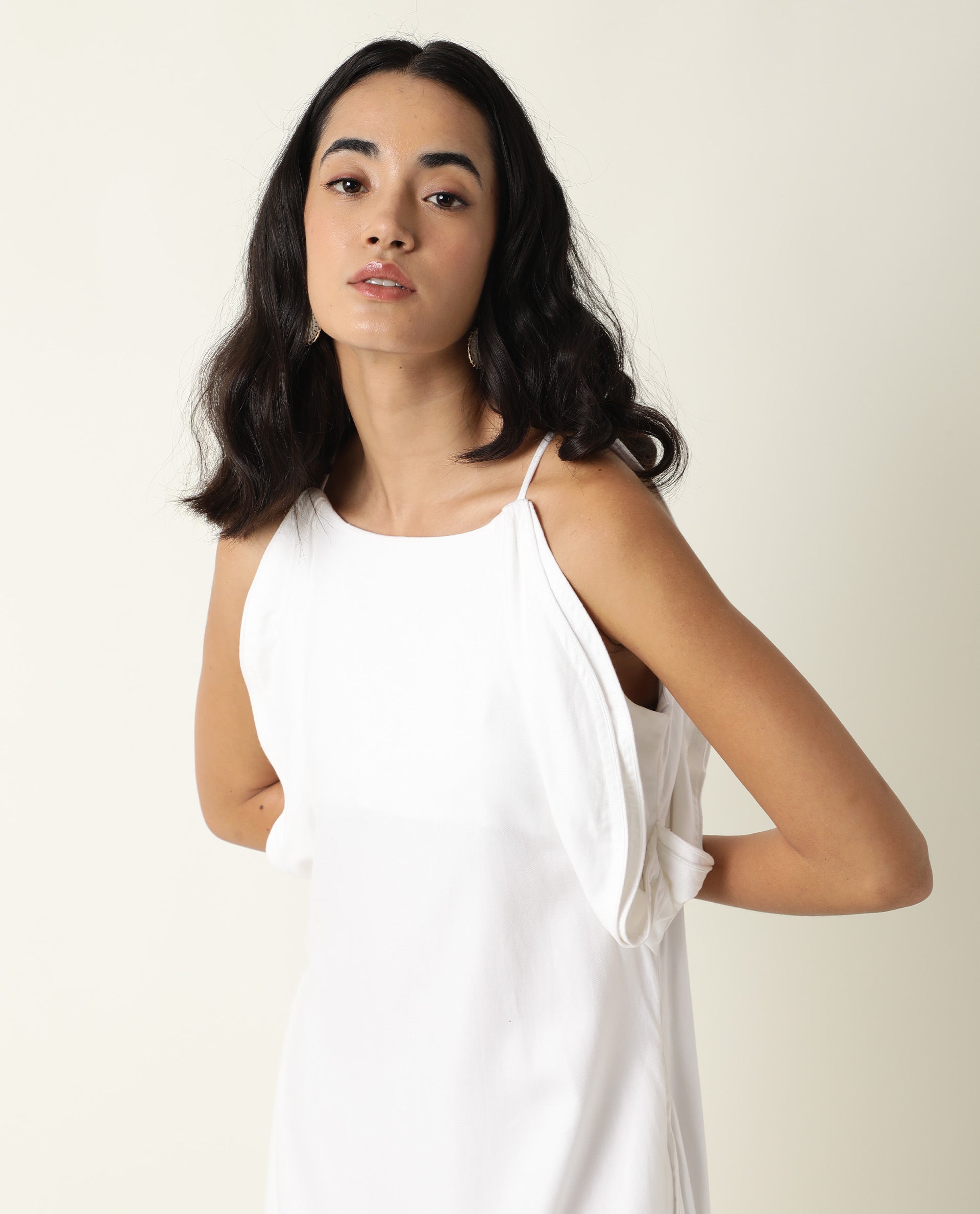 Rareism Women Acron White Round Neck Spaghetti Straps With Pockets Maxi Dress