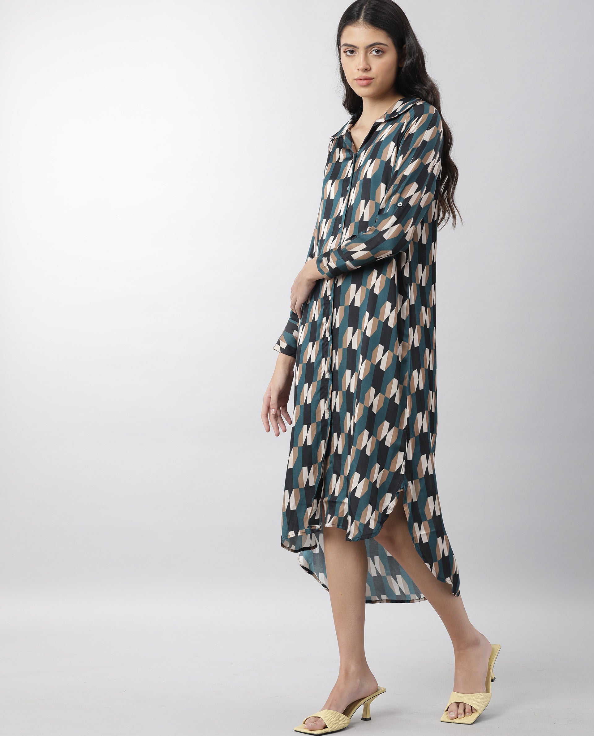 Rareism Womens Satarry Black Dress Modal Fabric Regular Fit Full Sleeve Collared Neck