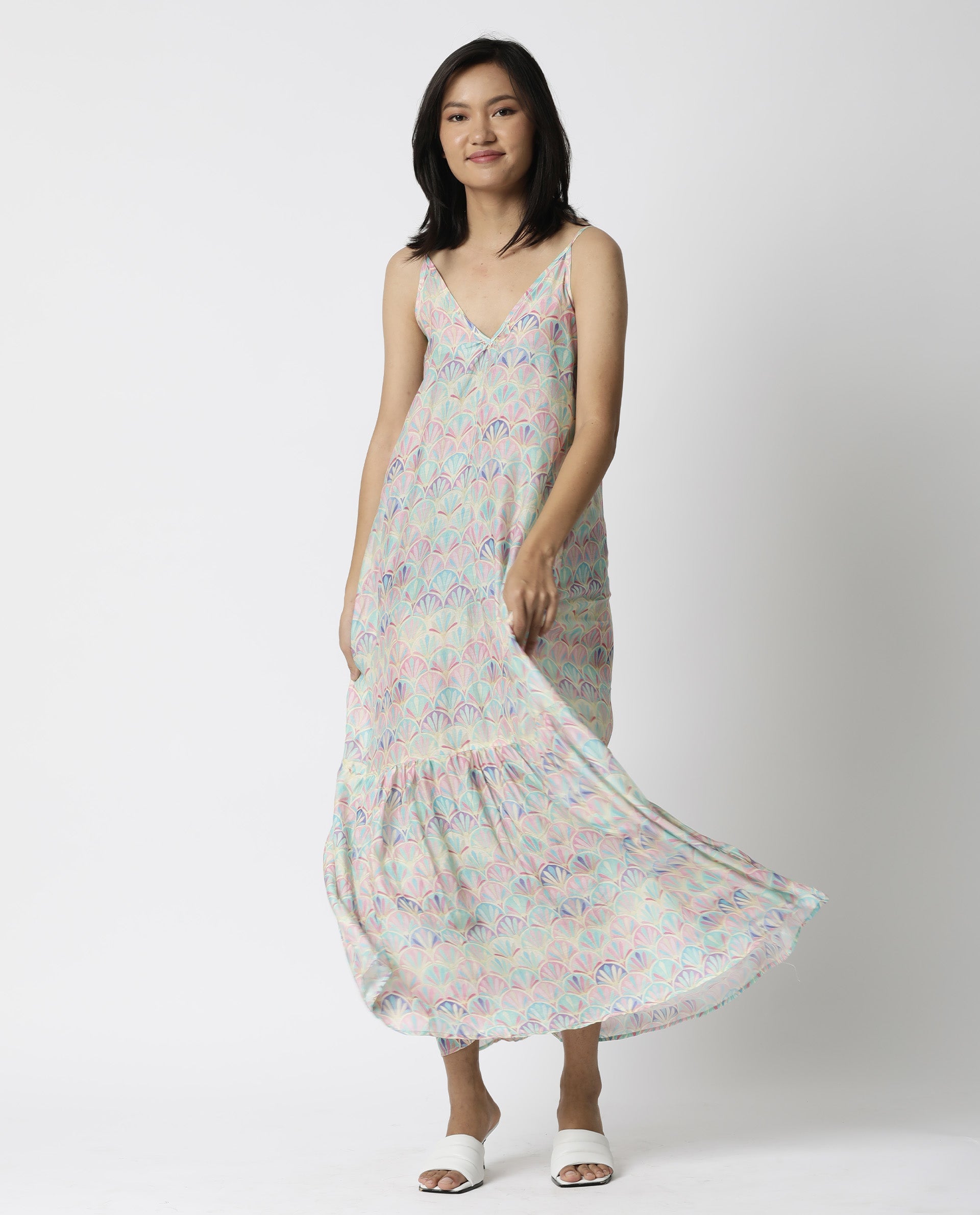 Rareism Women Prima Pink V Neck Spaghetti Back Tie Up Straps With Pockets Tiered Maxi Dress