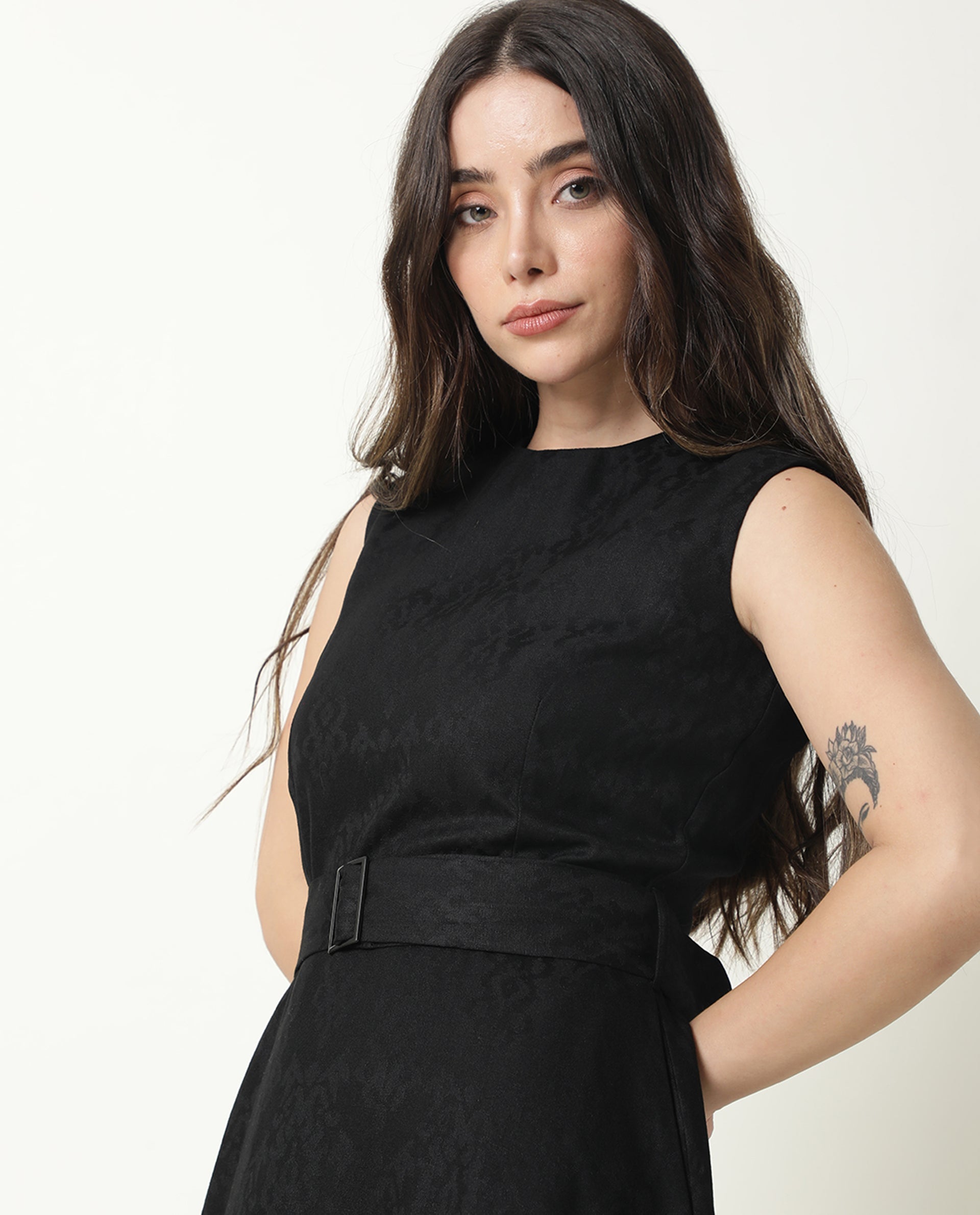 Rareism Women Lacau Black Boat Neck Sleeveless With Fabric Belt Buckle Back Zip Closure Midi Dress