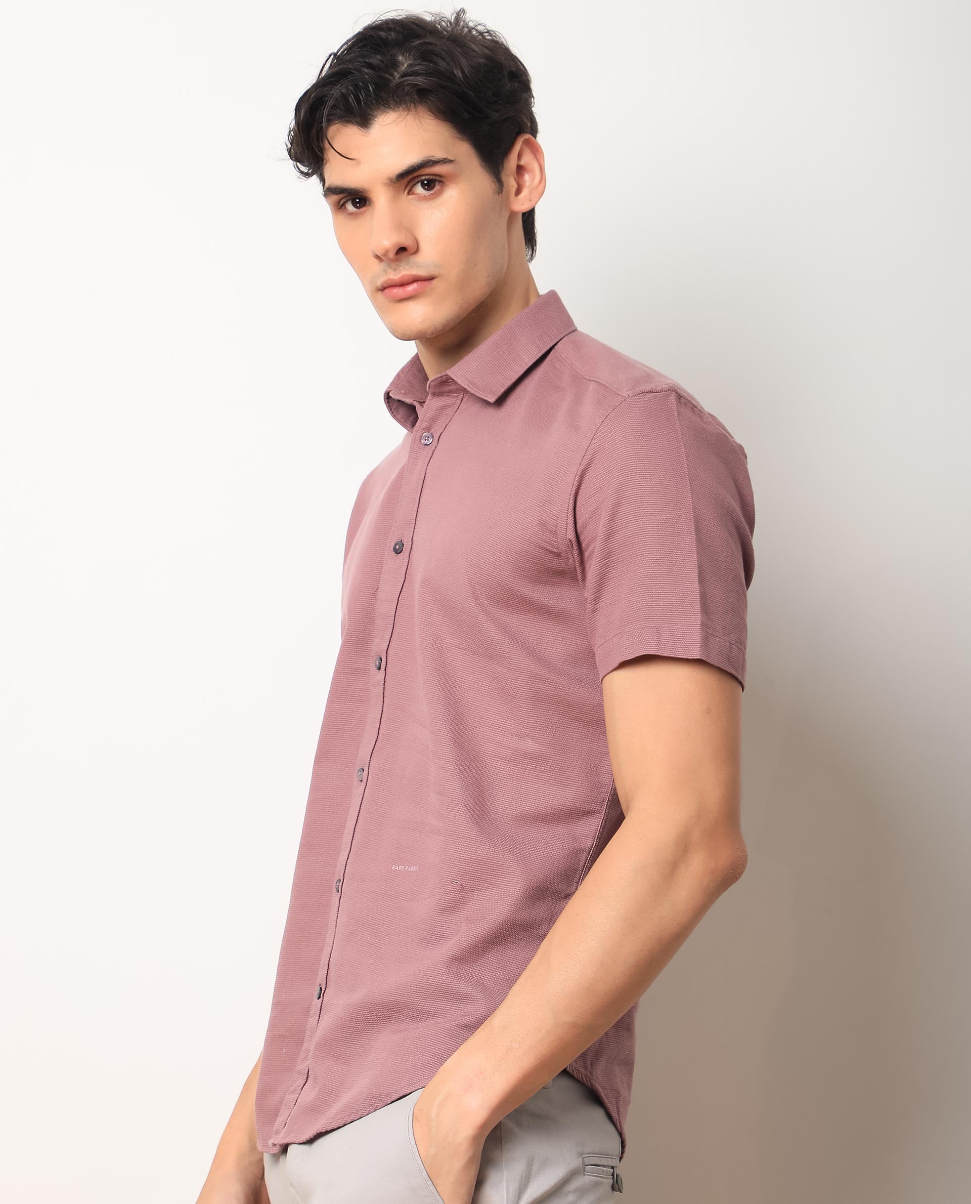 Rare Rabbit Men's Rissa Dusky Pink Cotton Fabric Half Sleeves Solid Dobby Shirt