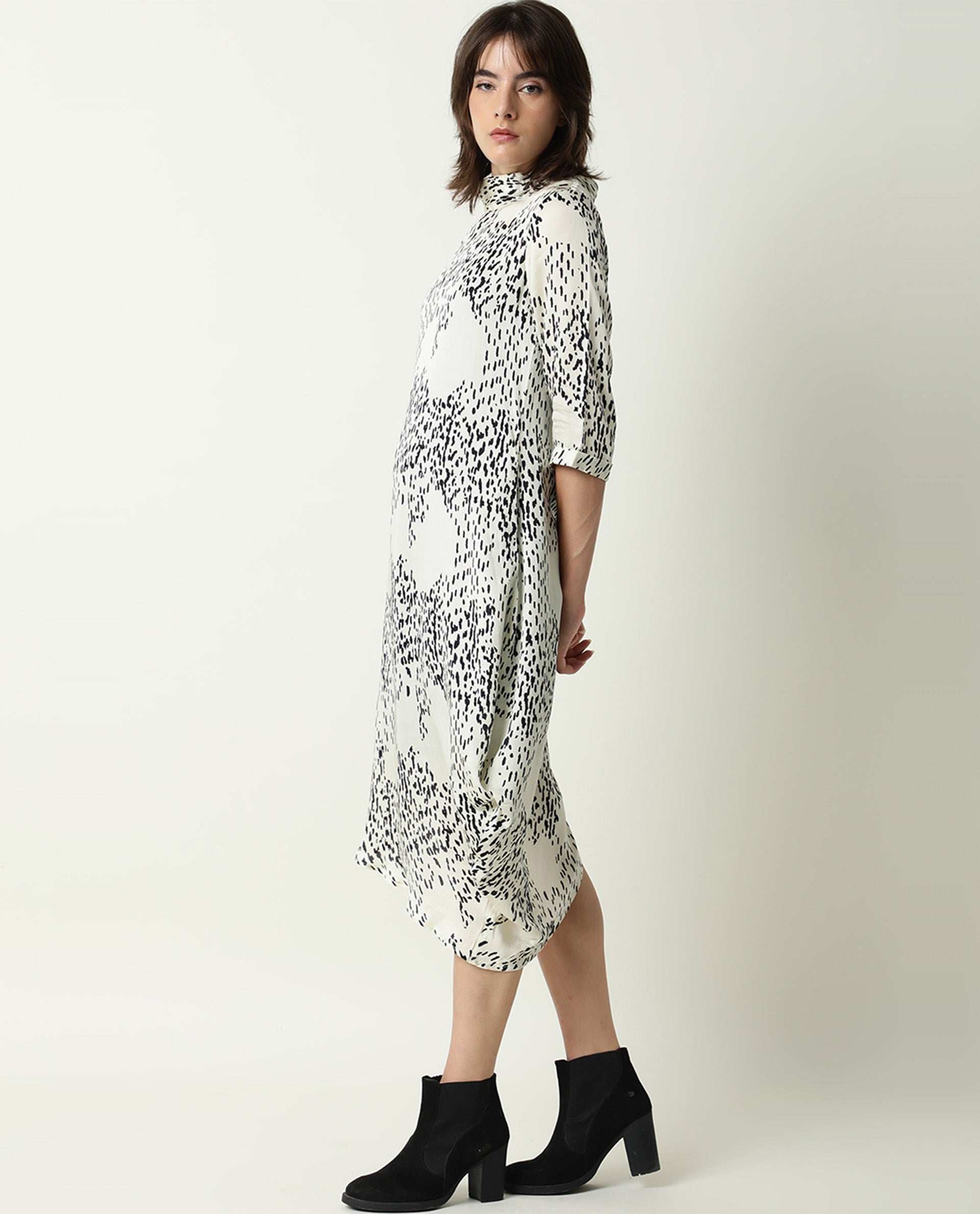 Rareism Women Zoella Off White Abstract High Neck 3/4 Sleeves With Pocket Asymmetrical Knee Length Dress