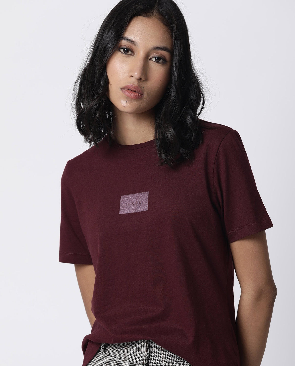 Rareism Womens Luani Maroon T-Shirt Supima Cotton Fabric Slim Fit Round Neck