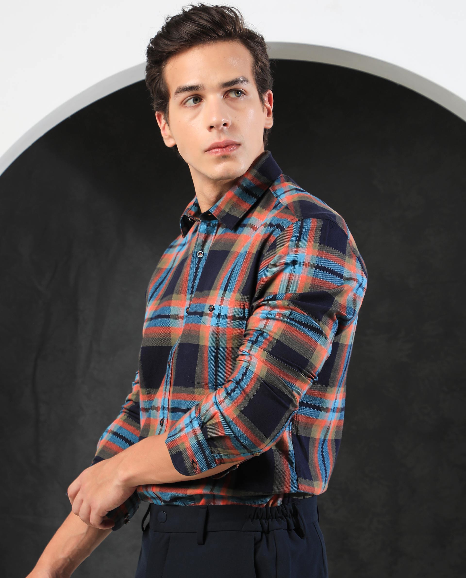 Rare Rabbit Men's Daneils Navy Cotton Fabric Full Sleeves Checks Shirt