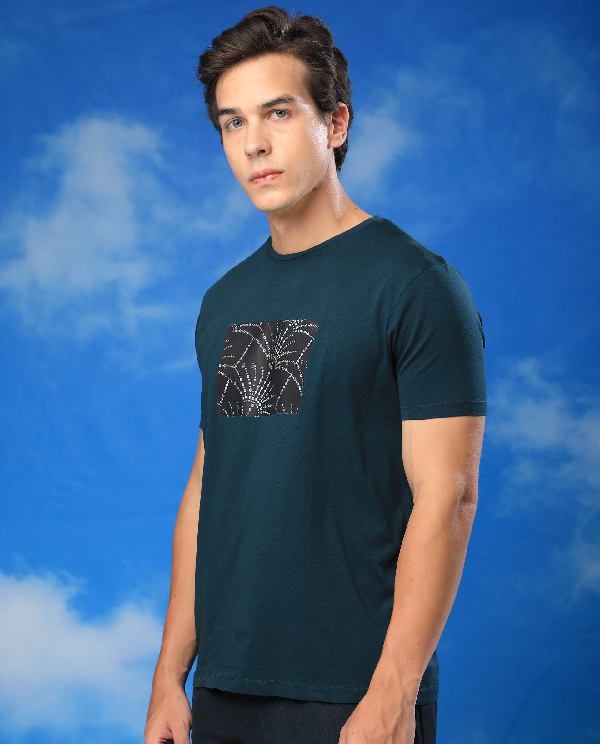 Rare Rabbit Men's Glams Green Crew Neck Abstract Graphic Logo Printed T-Shirt