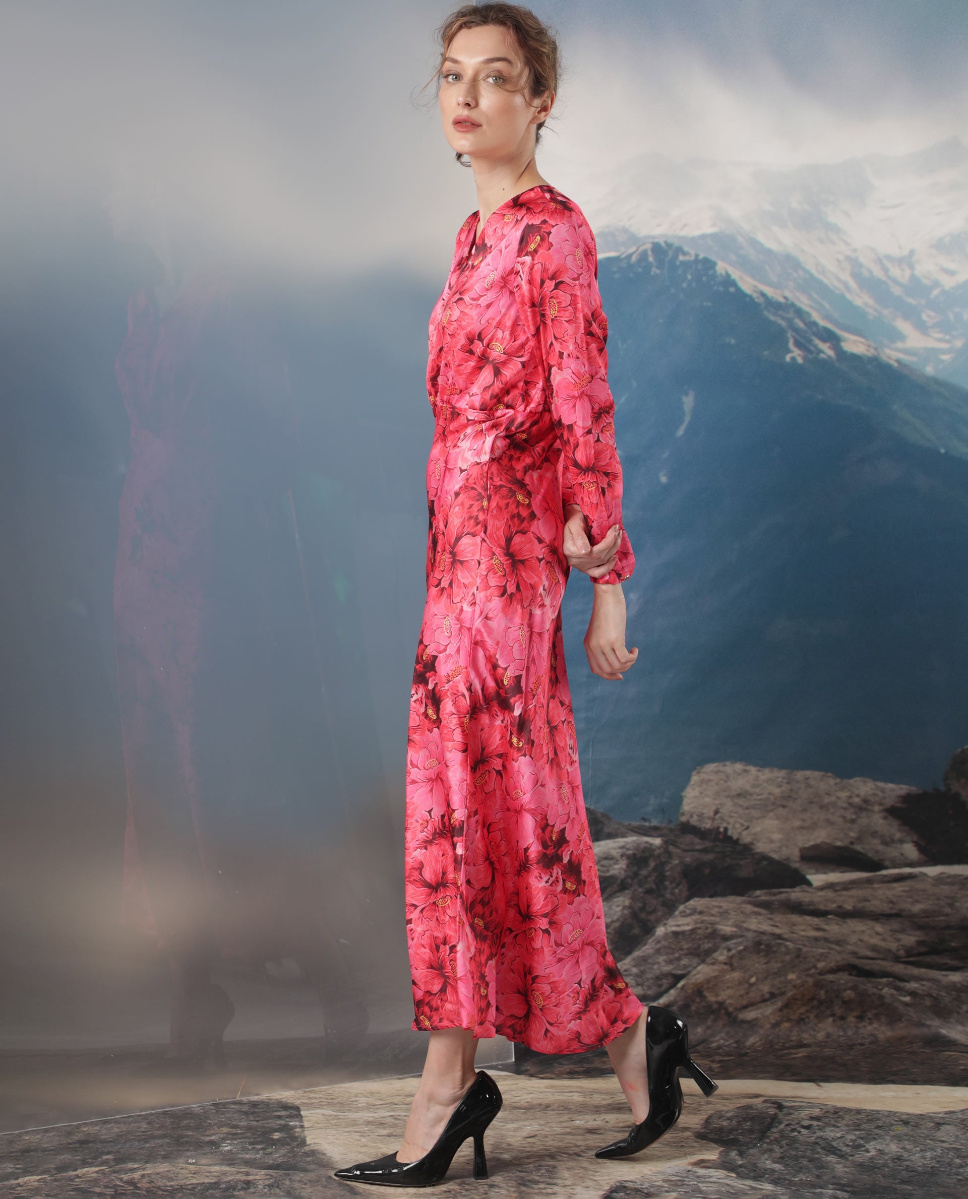 Rareism Women Merlot Maroon Cotton Fabric Full Sleeves V-Neck Regular Fit Floral Print Maxi Empire Dress