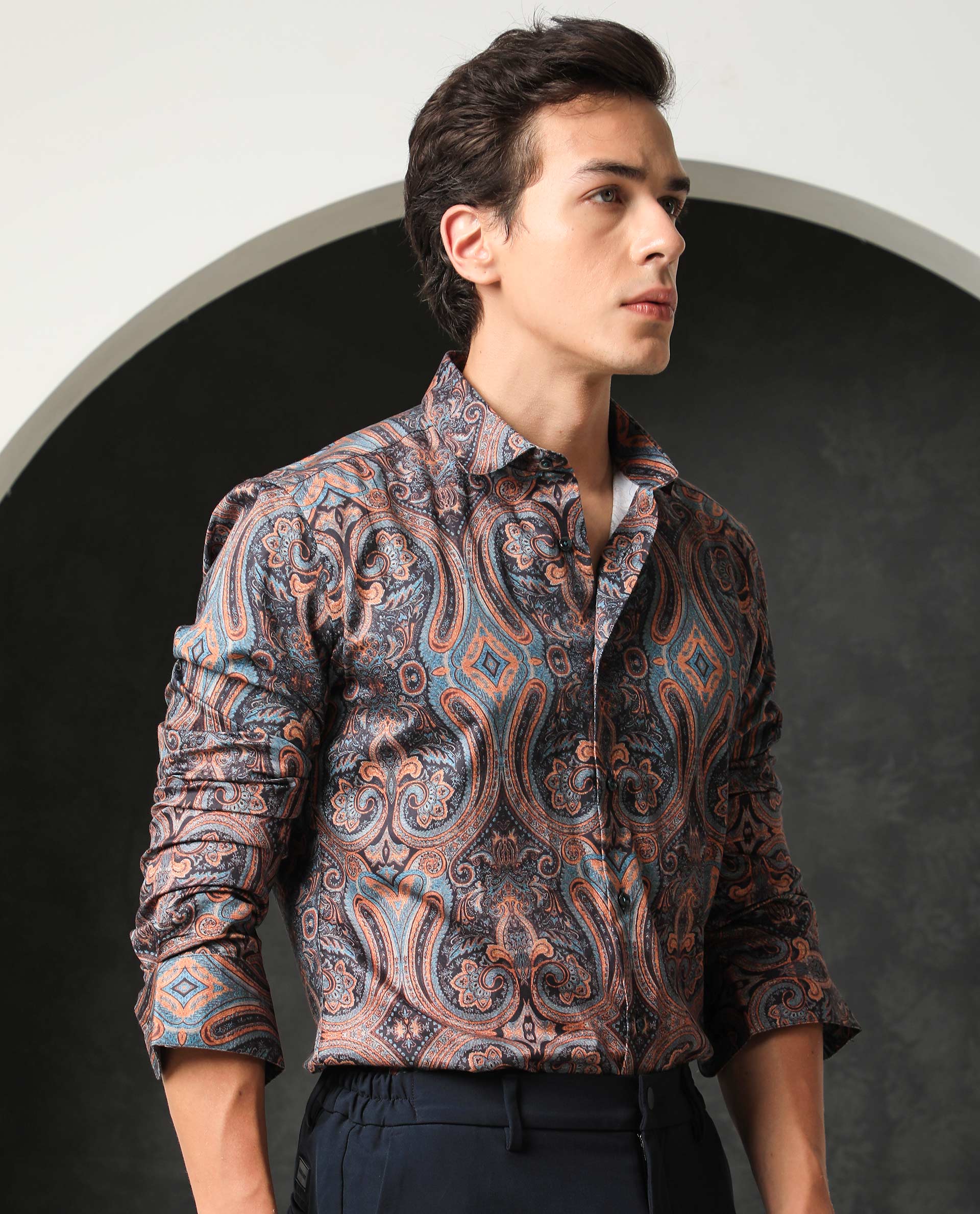 Rare Rabbit Men's Mergers Navy Cotton Fabric Full Sleeves Paisley Print Shirt