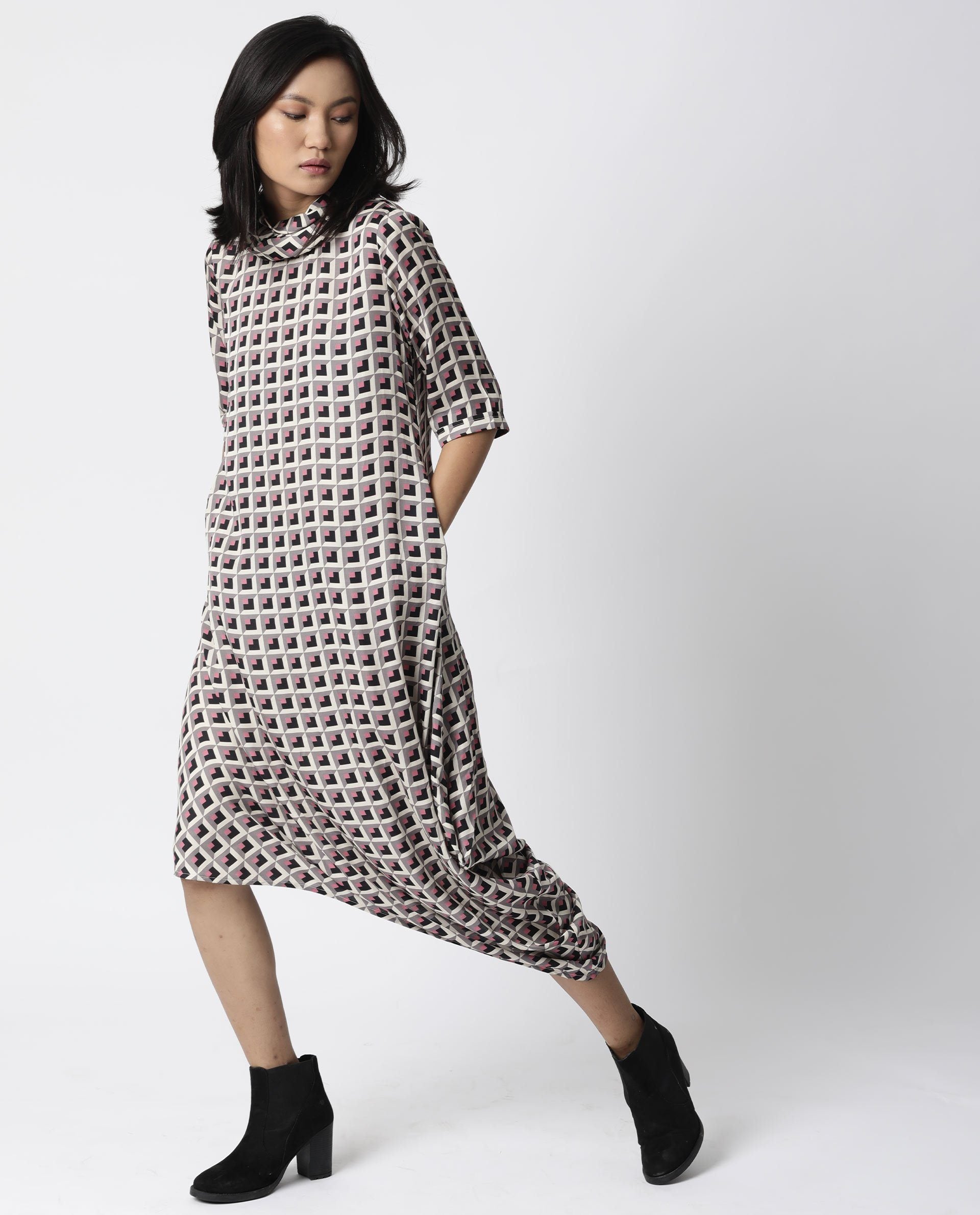Rareism Women Auto Beige Dress Short Sleeves Printed