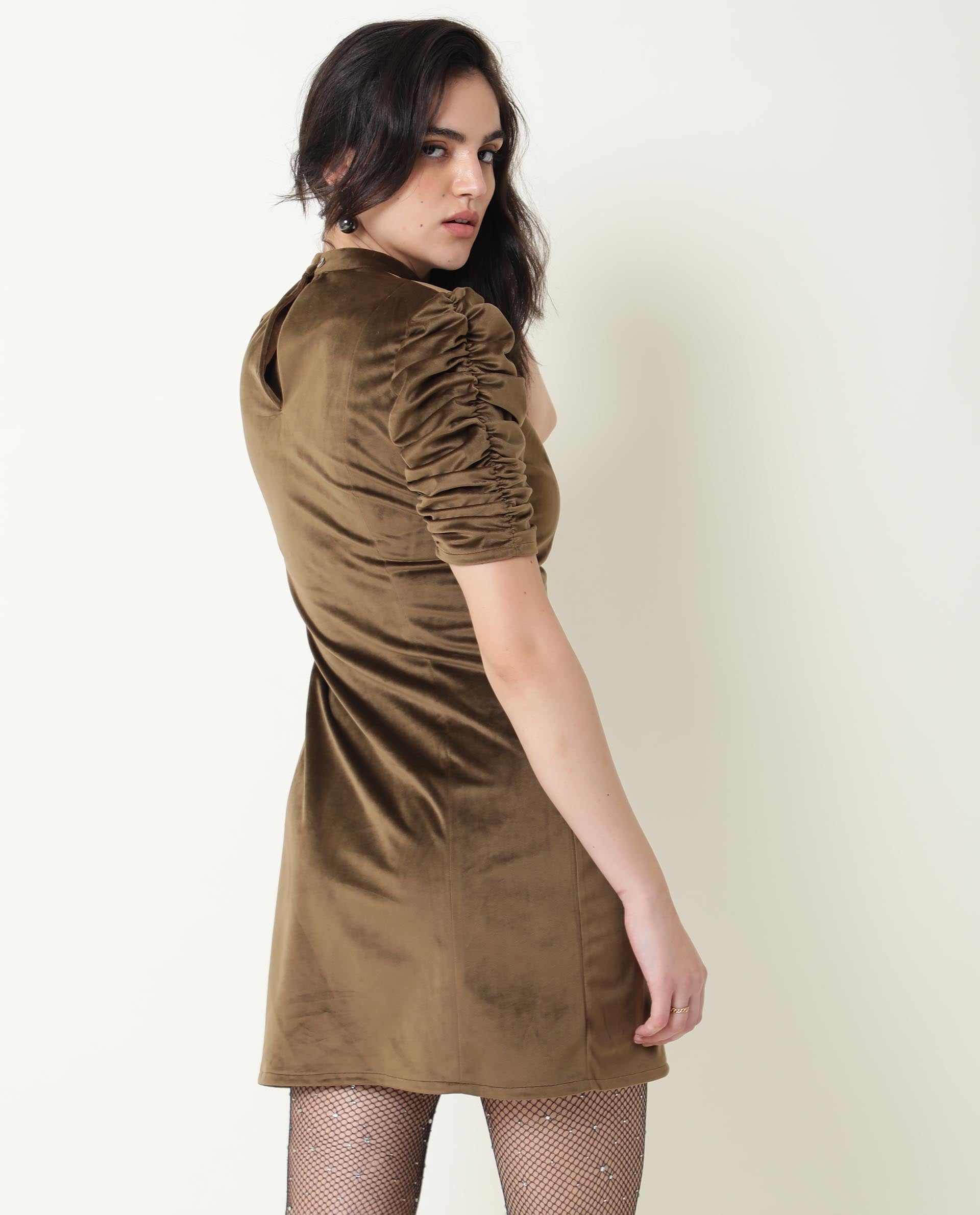 Rareism Women Winey Olive Round Neck Ruched Half Sleeves Mini Dress