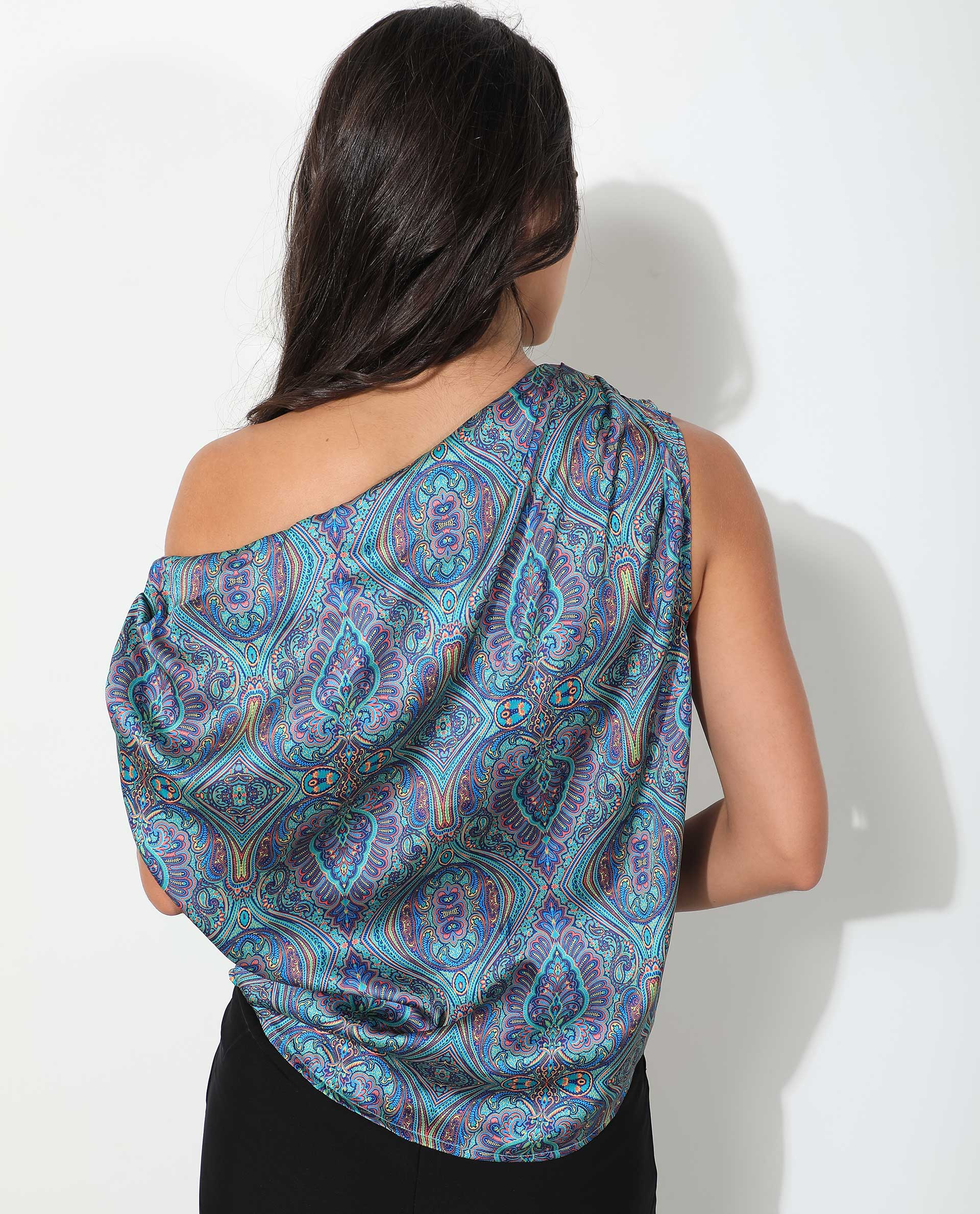 Rareism Women Sydney Blue Polyester Fabric Regular Fit Tube Neck Off Shoulder Abstract Print Top