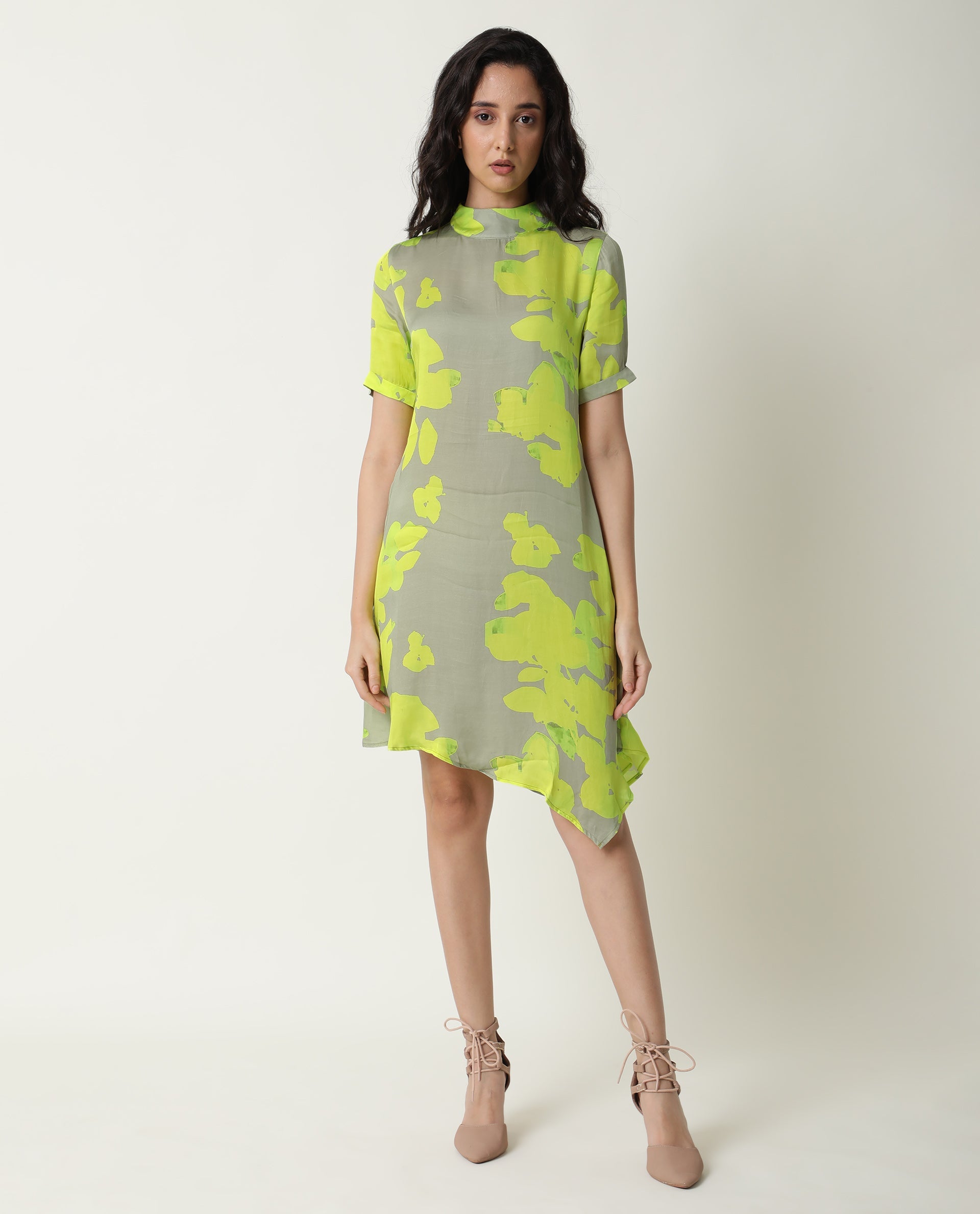 Rareism Women Sprite Yellow Floral Print Band Neck Short Sleeves With Pockets Asymmetric Hem Knee Length Dress