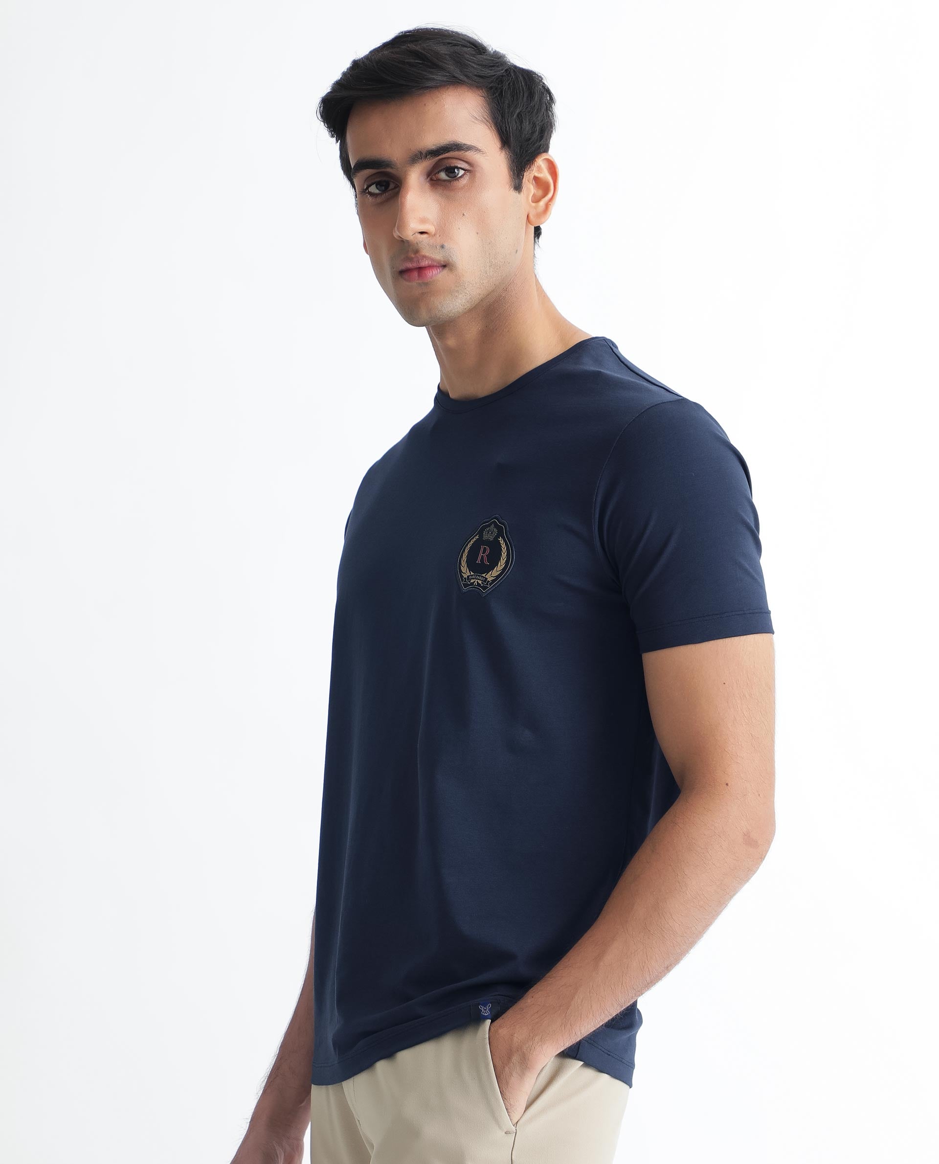 Rare Rabbit Men's Kos Navy Solid Crew Neck Chest Embroidered Label Branding Half Sleeves Regular Fit T-Shirt